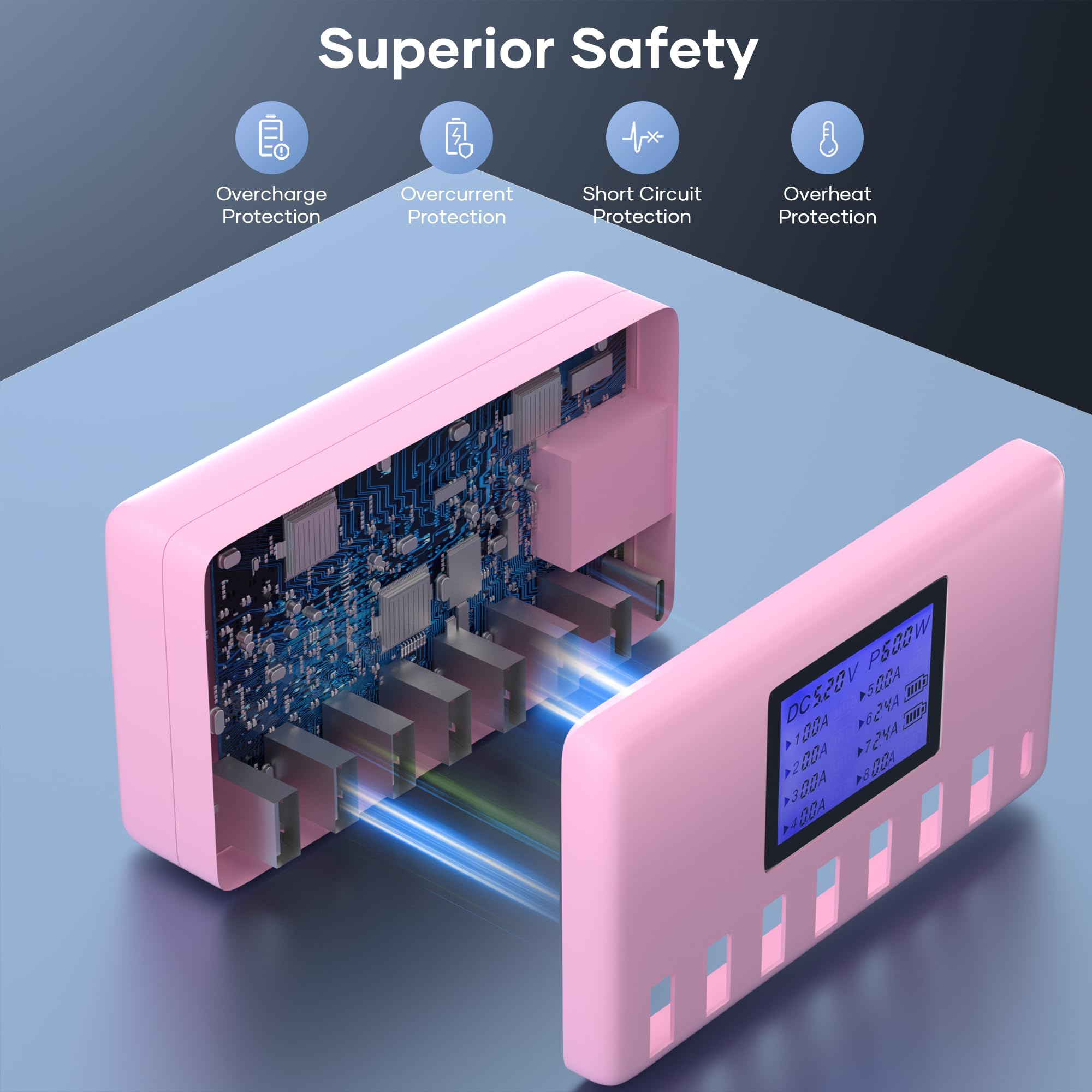 Stazione di ricarica USB 60W 8 porte Hub di ricarica USB 12A Stazione di ricarica USB con display LCD per più dispositivi, Caricabatterie intelligente da tavolo con hub USB C per iPhone iPad Android