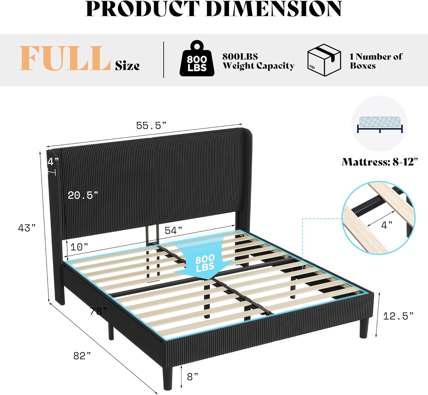 AMERLIFE Upholstered Bed Frame, Easy Assembly Full Size Bed Frame, Modern Bed Platform with Corduroy Headboard, Wooden Slats Support, No Box Spring, Black
