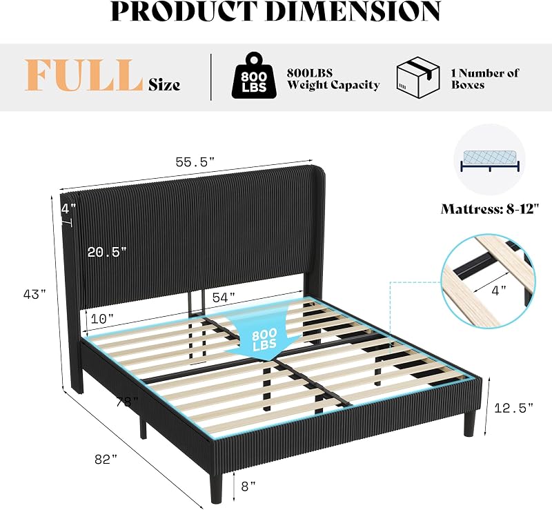 Full Bed Frame, Upholstered Platform Bed with Corduroy Headboard, Black image 2