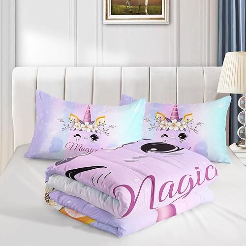 Miniatura 4 de Datura home Lindo juego de edredón de unicornio para niñas y mujeres, juego de ropa de cama con estampado de unicornio Kawaii degradado morado y