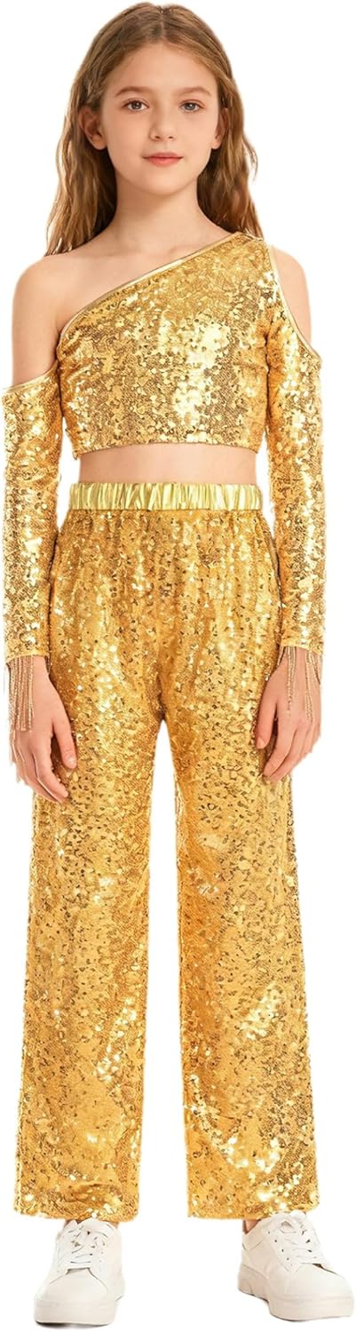 Kids Girls Sequin 2 Piece Dance Outfit Tassel Crop Top and Wide Leg Pants Hip Hop Jazz Street Dancewear Gold 14 Years