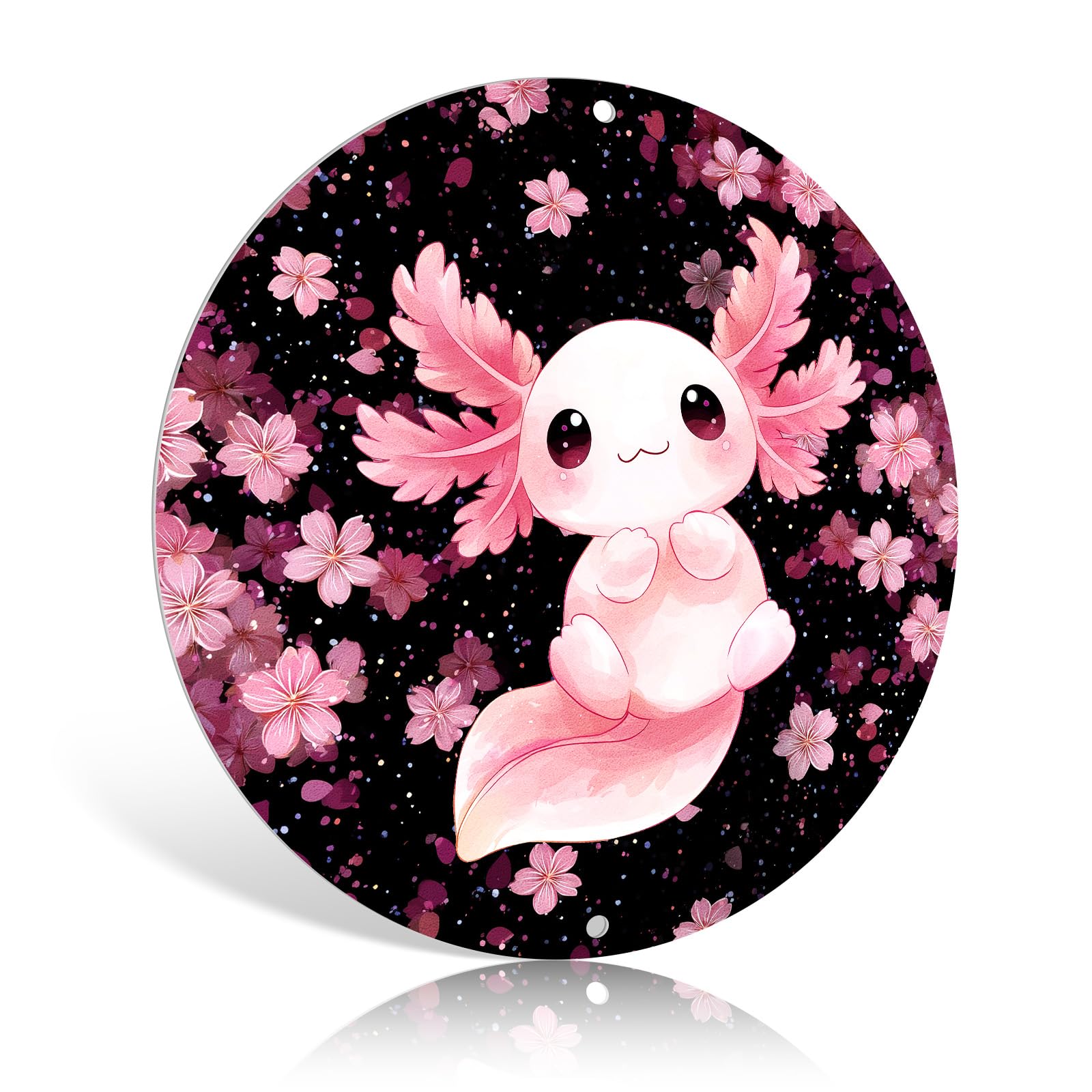Artinhand Pink Axolotl With Cherry Blossom Round Metal Tin Sign 8X8 Inch Wall Hanging Plaques Poster Art For Bedroom Living Room Bathroom Man Cave Decor