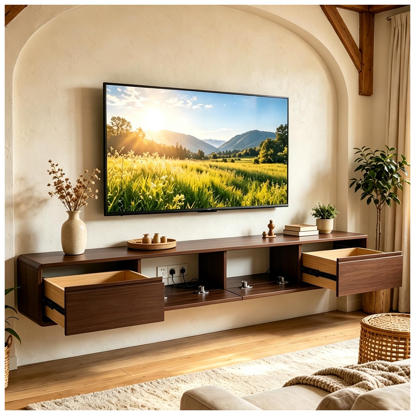 Jungle Mueble de TV de 200cm Nogal+Negro, Mueble Flotante Salón con 2 Cajones 2 Puertas, Gran Almacenamiento para Salón, Comedor, Dormitorio y Oficina