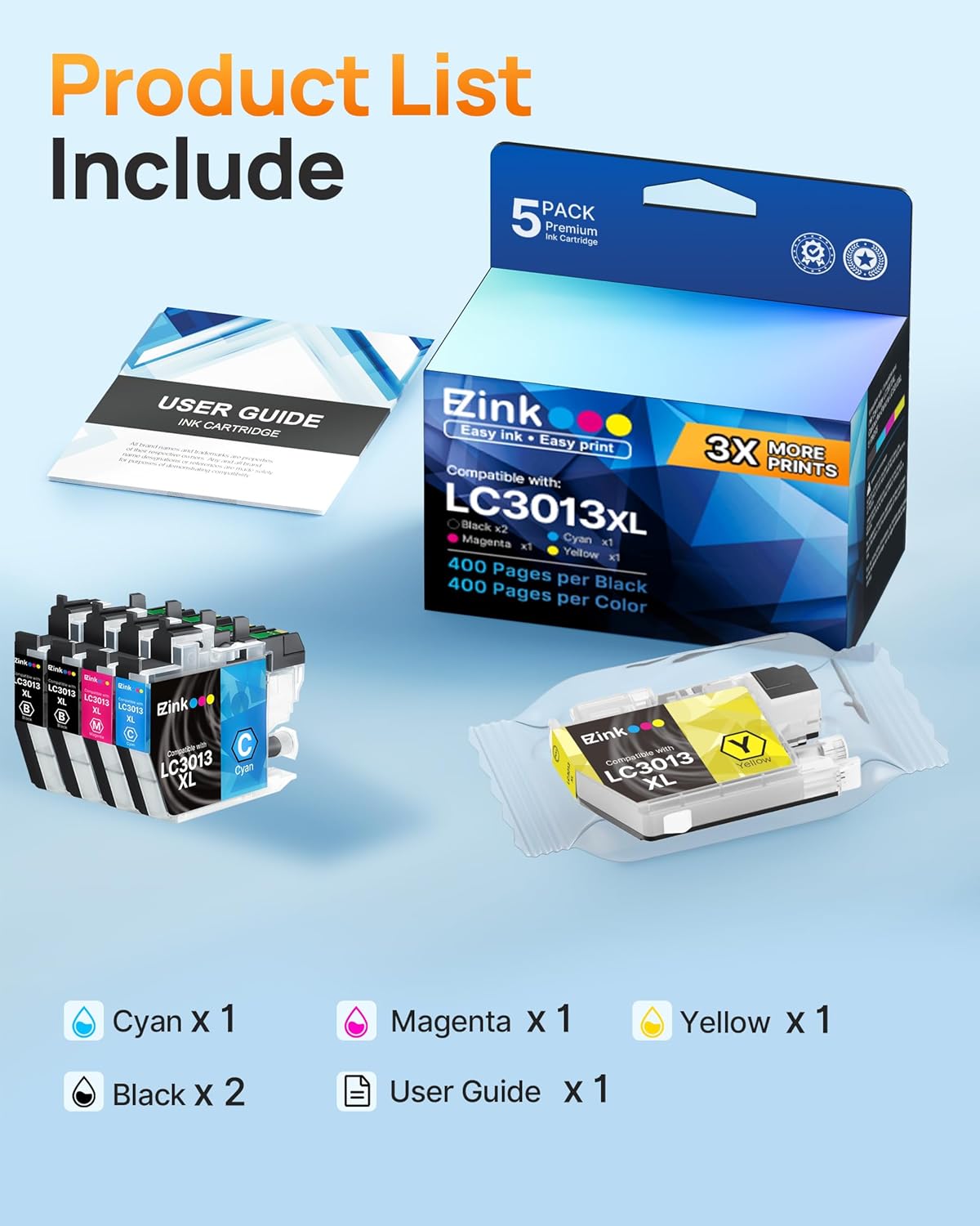 LC3011 LC3013 Ink Cartridges BK C M Y Compatible for Brother LC3013 LC3011 LC3013XL Work Brother MFC-J497DW MFC-J895DW MFC-J491DW MFC-J690DW Ink Cartridge 5 Pack (2X Black 1x Cyan Magenta Yellow)