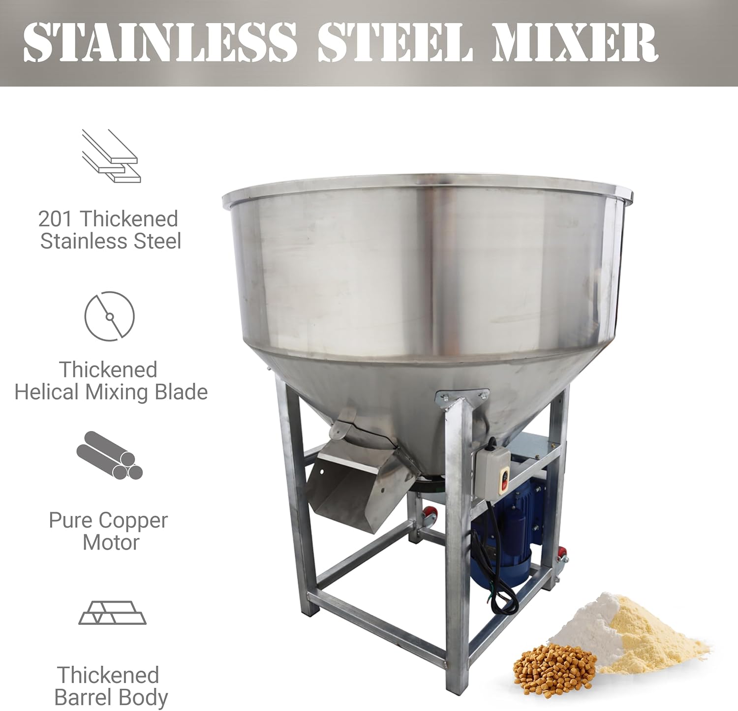 440Lbs Feed Mixer Dry&Wet Powder Mixer Granule Particle Blender 201 Stainless Steel 1440RPM Stand Mixing Machine for Grains Seeds Plastic Particles 110V 4KW