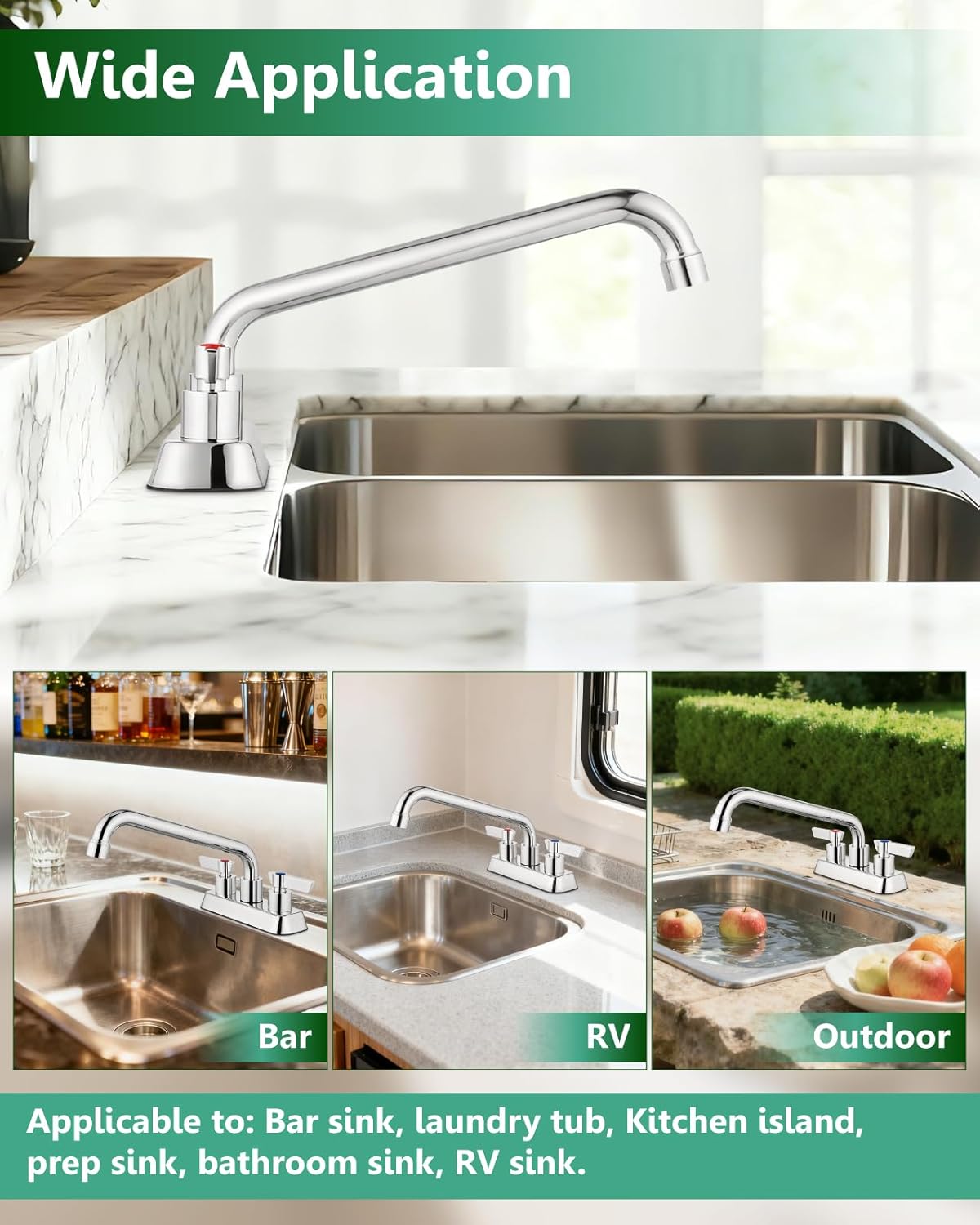 Utility Laundry Sink Faucet 4 Inch Centerest Deck Mount,2 Lever Handles,Brass Construction,Polished Chrome,with 10" Swivel Spout
