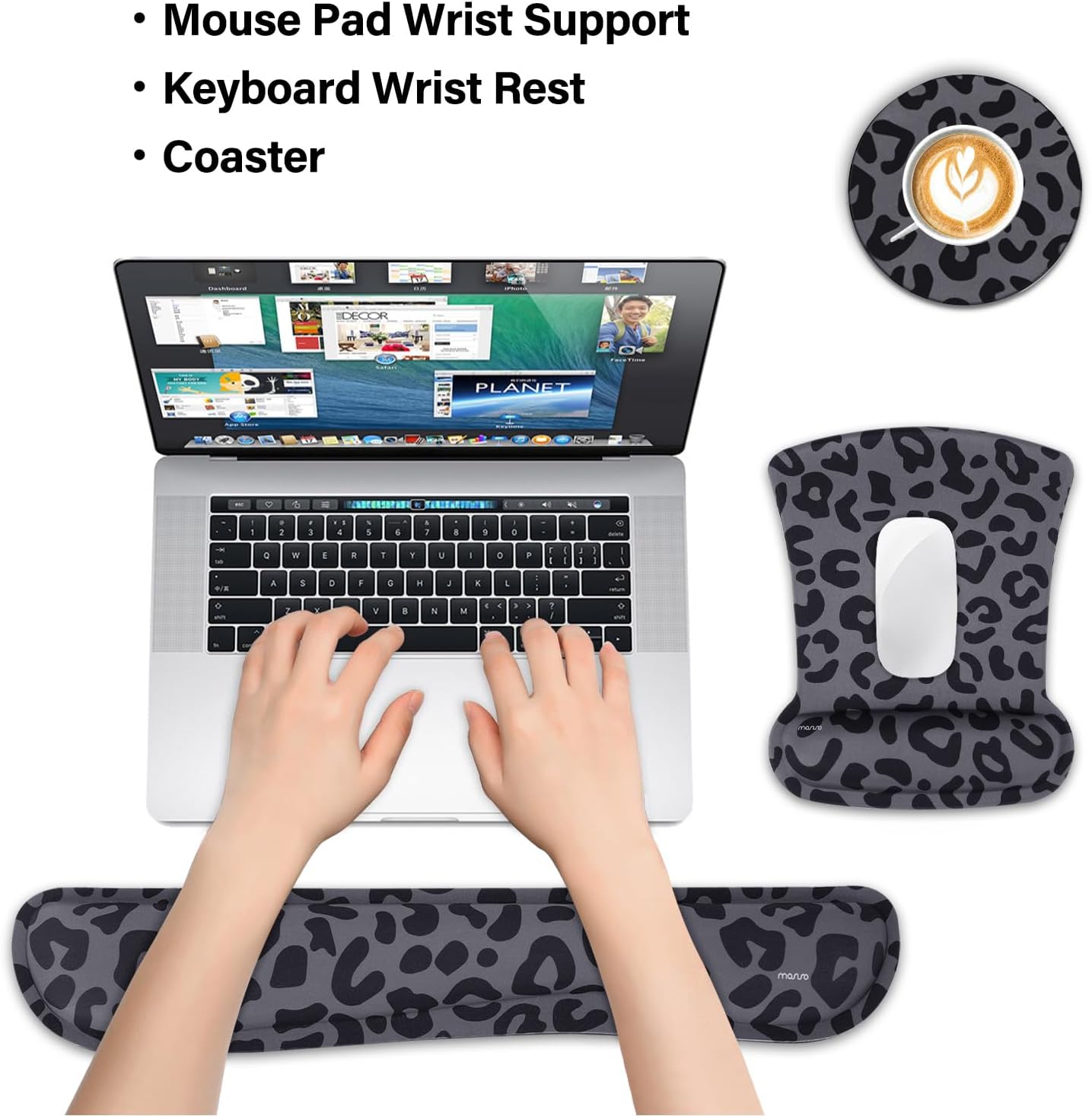 MOSISO Leopard Grain Wrist Rest Support for Mouse Pad&Keyboard Set&Laptop Sleeve Case Compatible with MacBook Air/Pro, 13-13.3 inch Notebook, Leopard Grain Polyester Vertical Bag with Pocket, Black