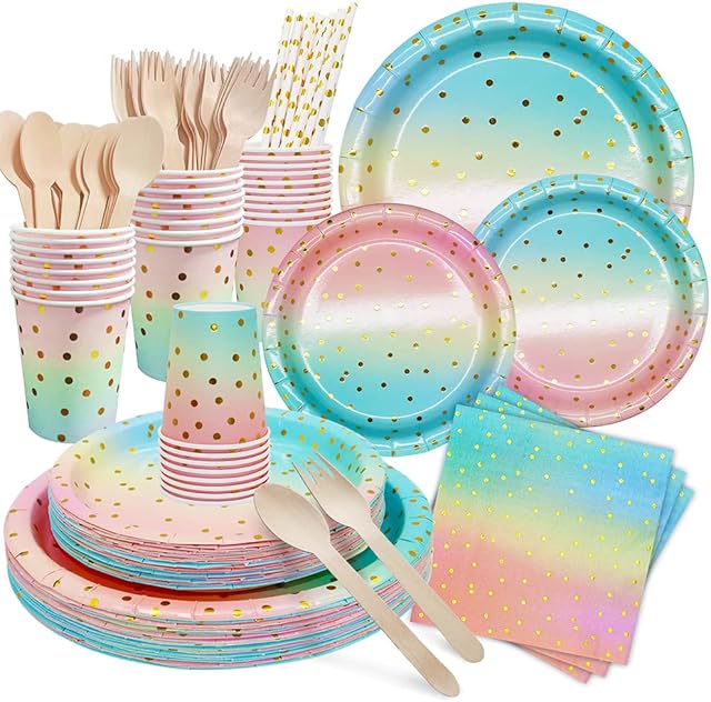 DN DENNOV Rainbow Colors Party Tableware 168Pieces Paper Tableware Set Includes Paper Plates Napkins Cups Forks Spoons for Wedding Shower Engagement Wedding Birthday (24 Guests)-Blue&Pink&Gold