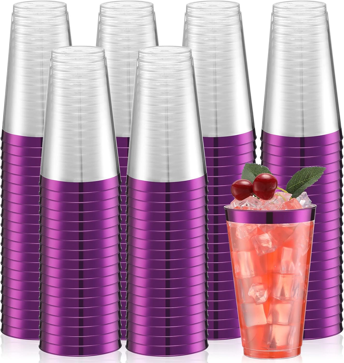 Patelai 100 Pcs 16oz Clear Plastic Cups with Rim Disposable Tumblers Heavy Duty Drinking Wine Glasses for Weddings, Easter, Graduation, Christmas Parties, Events(Purple)