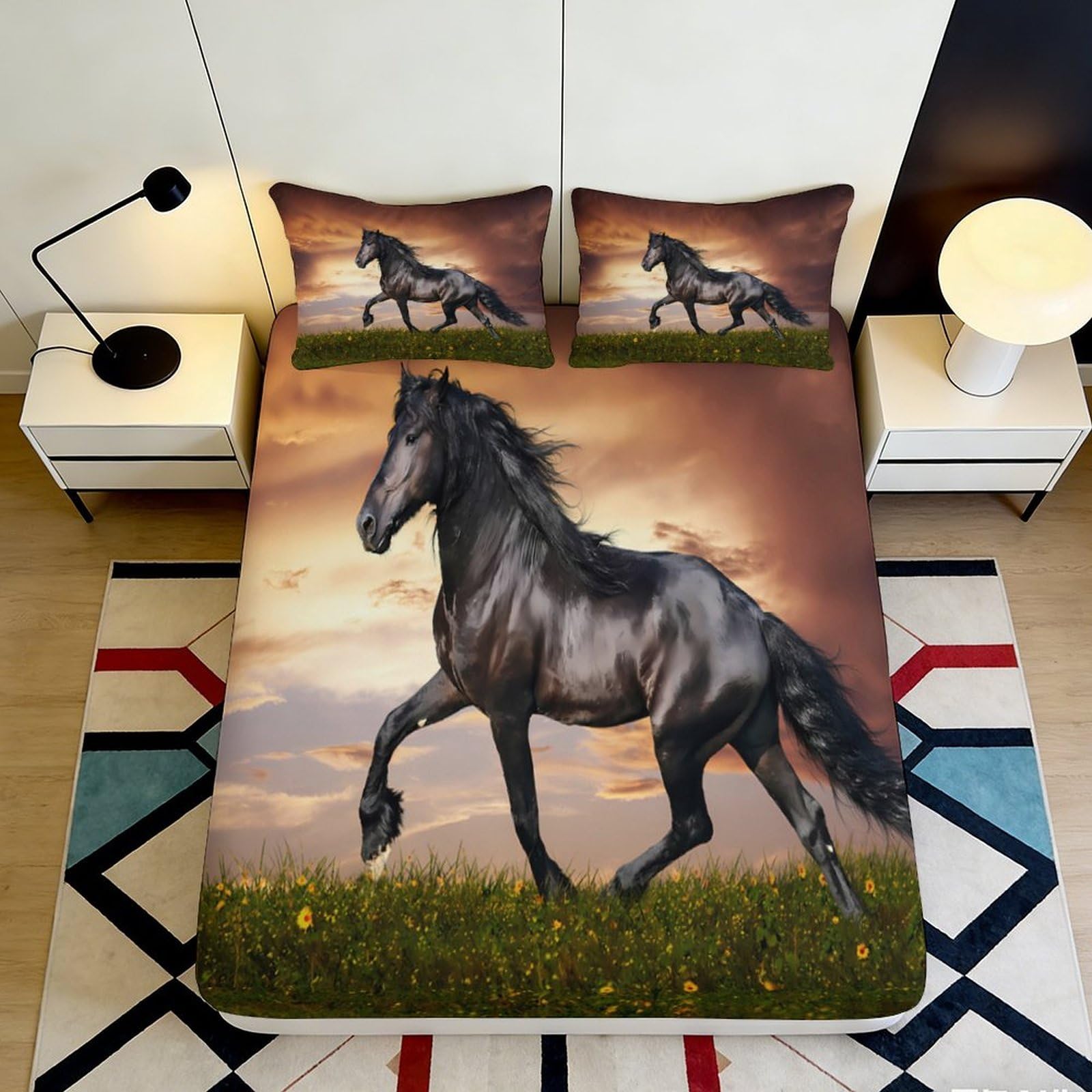 3D Printed Black Horse Fitted Sheet Microfiber Soft Breathable Sunset Field Mattress Cover for Bedroom Guestroom Decor 90x200x25cm