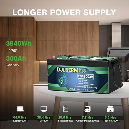 Miniatura 5 de Batería de litio LiFePO4 de 12 V 300 Ah 3840 W BMS integrado, hasta 15000 ciclos y 10 años de vida útil, batería de ciclo profundo para RV, marina,