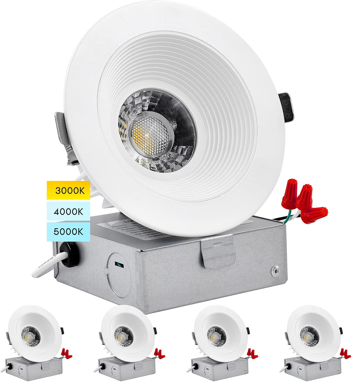 LUXRITE 4 Inch LED Recessed Lighting with Junction Box, 15W, 1200 Lumens, 3 Color Options 3000K - 5000K, Regressed LED Downlight, 36° Spotlight, Dimmable, CRI 90, IC Rated, Damp Rated (4 Pack)