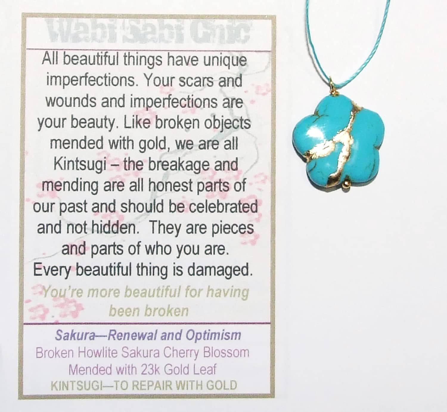 Kintsugi 20mm Turquoise Howlite Broken Sakura Blossom Mended with 23k Gold, Cord Necklace