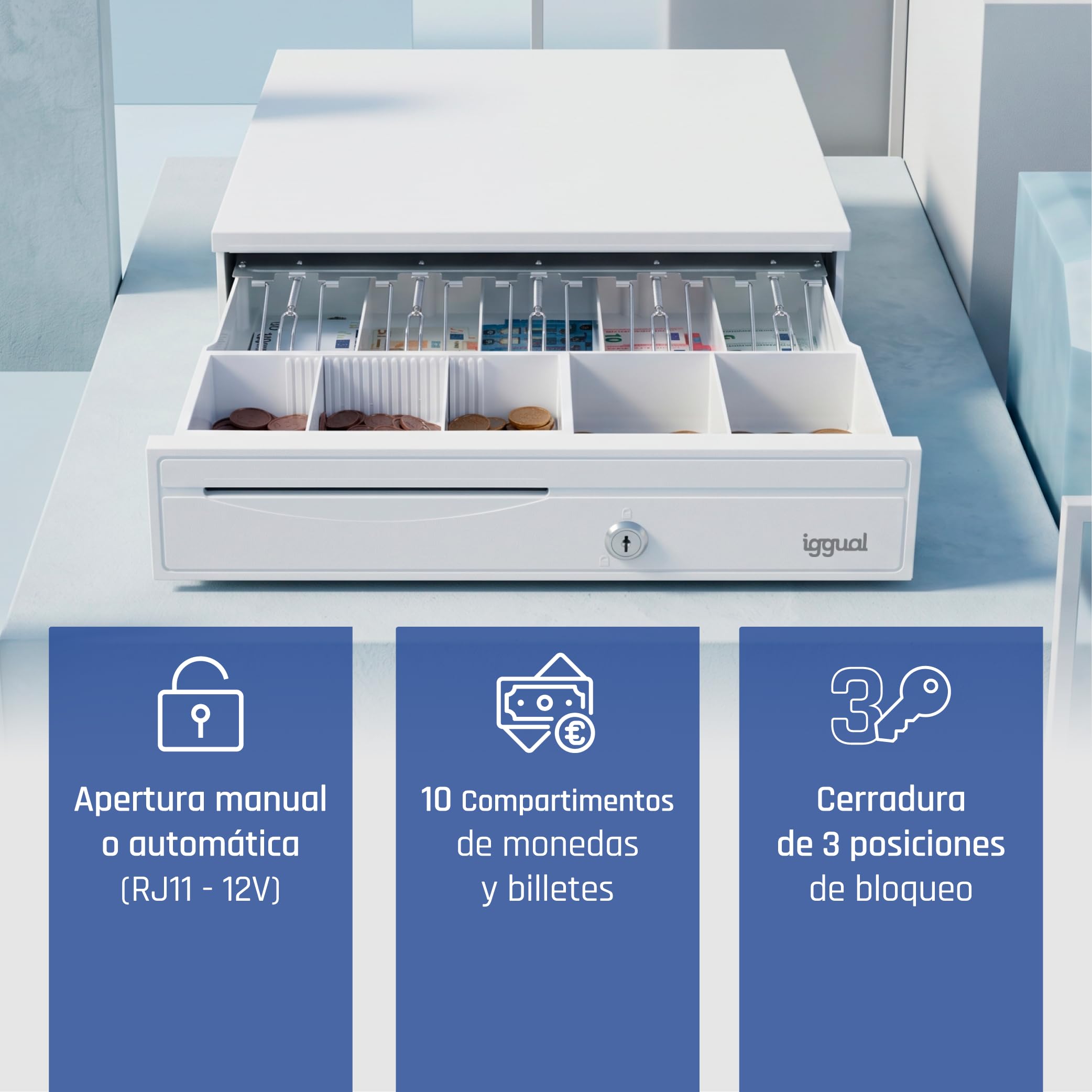 iggual -Tiroir caisse IRON-30PW - Caisse Enregistreuse Manuelle ou Automatique pour 5 Billets et 5 Pièces - Serrure à 3 Positions - Acier + Plastique ABS - Usage Professionnel - Blanc Pur (42x40,5x10)