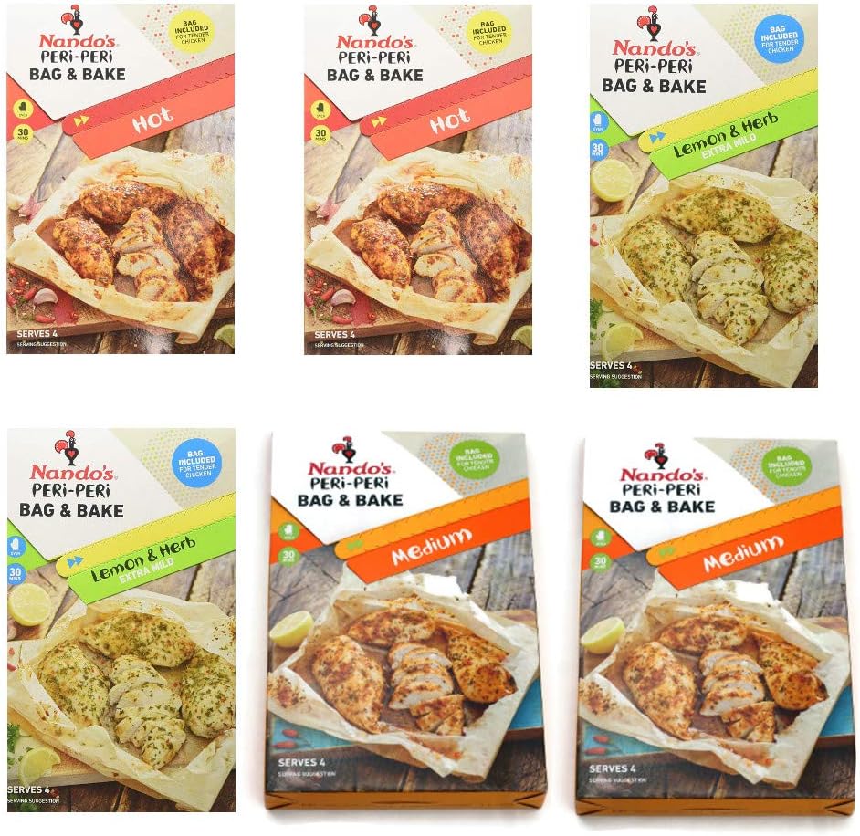 Nando's Bake & Bag 20g (Pack of 6) Varieties Hot, Medium and Lemon and Herb Amazon.co.uk Grocery