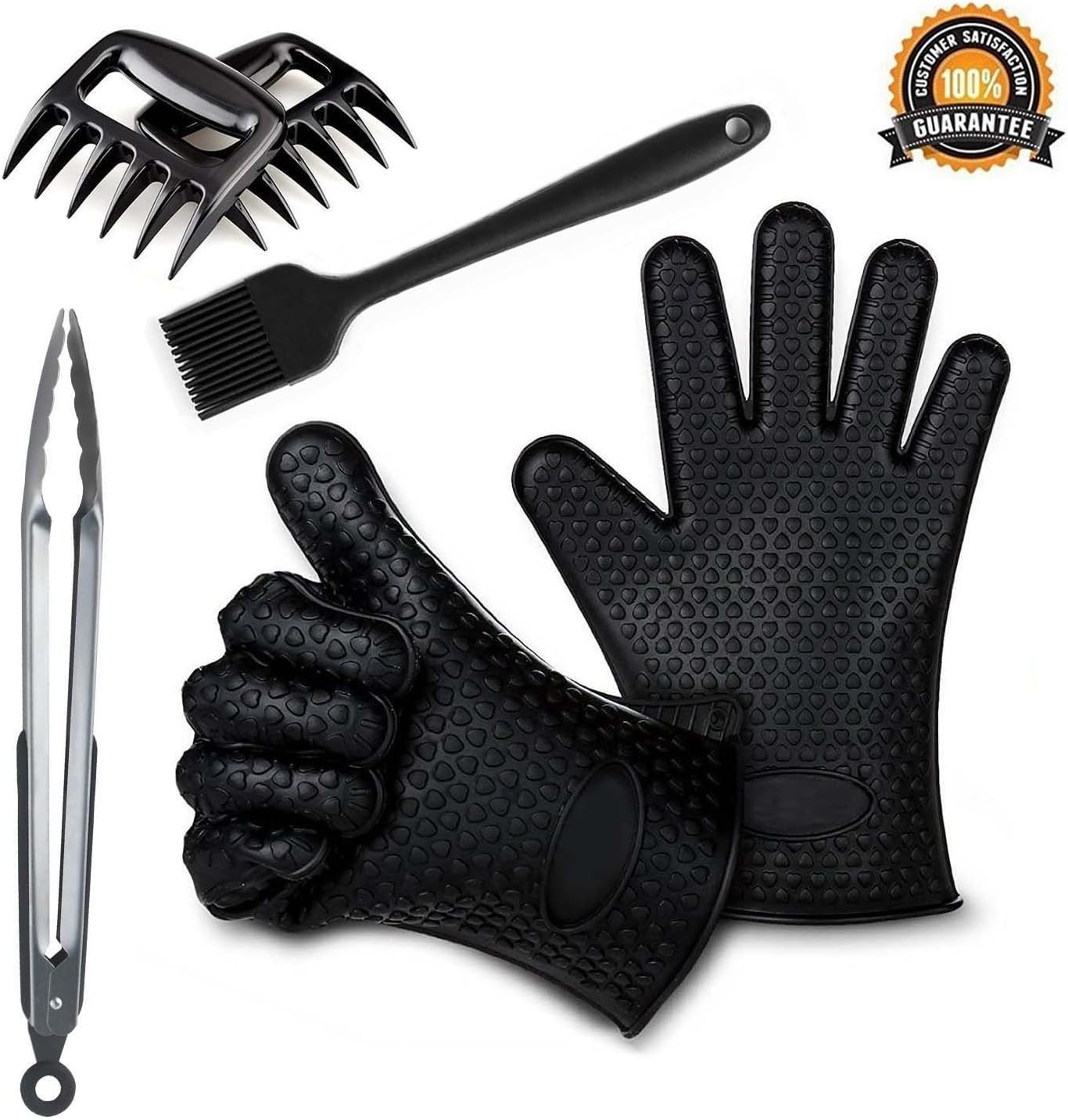 AstaaCity 4-in-1 Barbecue Tool Set,Heat Resistant Silicone BBQ/Cooking Gloves-Meat Shredder Bear Claws-Silicone Tongs-Basting Brush for Cooking, Grilling, Baking and Barbecue