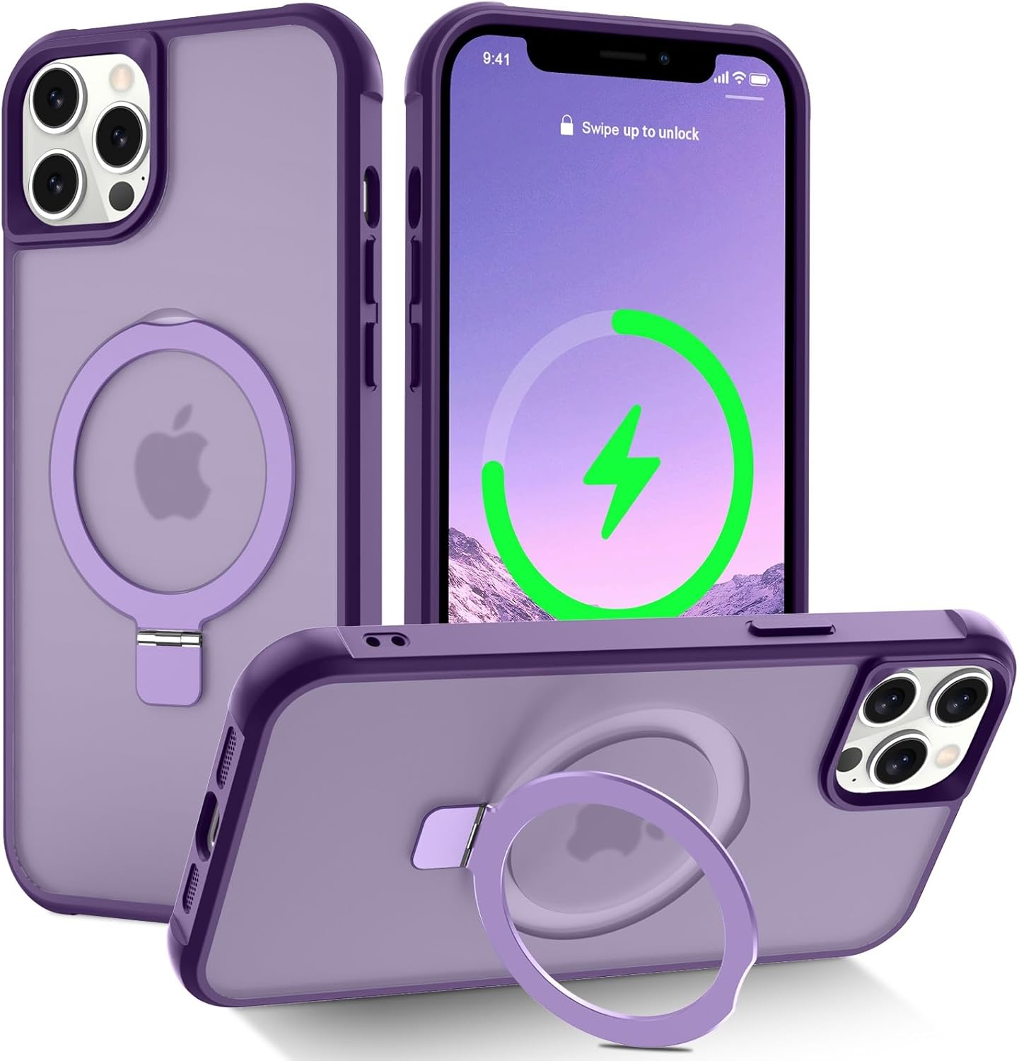 Magnetic Compatible with iPhone 12 Pro Max Case with Stand [Military Grade Drop Tested][Compatible with Magnet] Ring Translucent Slim Hard Back Soft Edge, Purple Purple iPhone 12 Pro Max