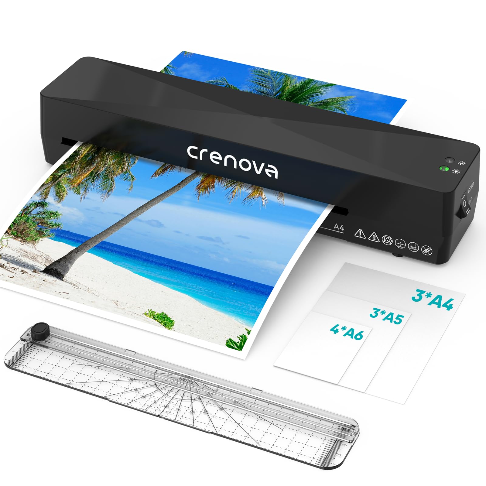 Crenova Plastifieuse A4/A5/A6, Modes Chaud et Froid, Massicot Intégré, Anti-Bourrage, Préparation Rapide, Noir