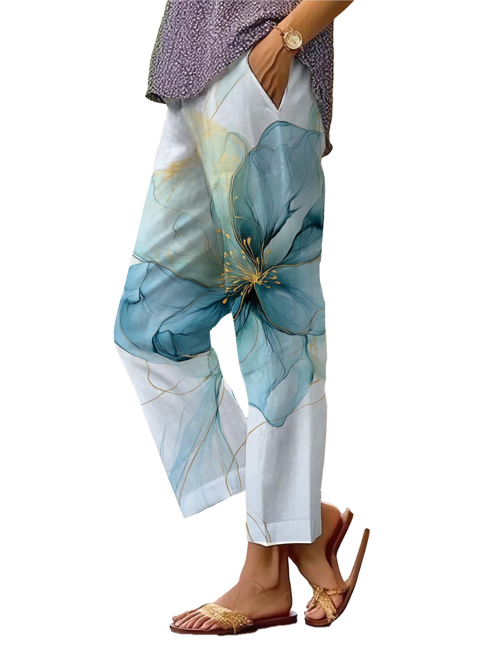 Summer Linen Pants for Women Casual Wide Leg Pants Plus Size Palazzo Pants Drawstring Elastic Waist Boho Pants
