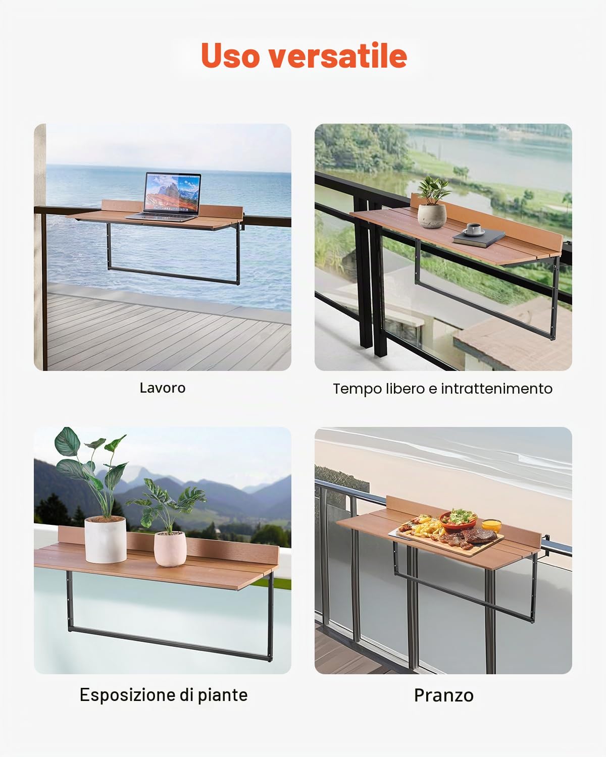 VEVOR Tavolo Sospeso per Balcone Pieghevole per Ringhiera del Balcone da 1000 x 485 x 480 mm, Tavolo da Bar all'Aperto in Acciaio Inox per Ringhiere, Regolabile su 5 Livelli Altezza