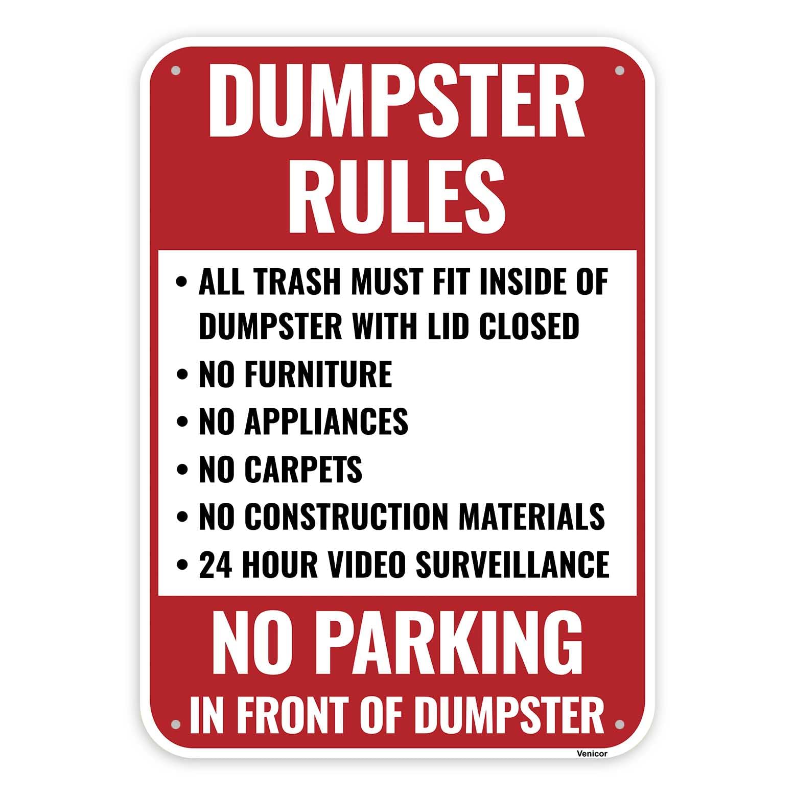 Private Dumpster Rules Aluminum Sign, No Trash Warning, 12x8 Inch