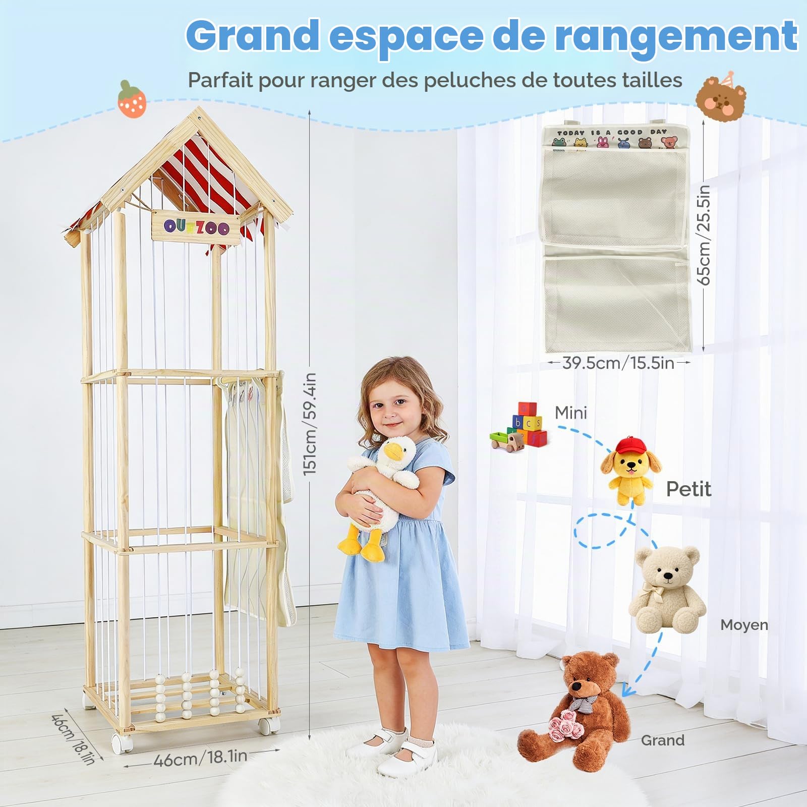Rangement pour Peluches, 151x46x46CM Rangement Peluche Enfant en Bois Massif, Range Peluche avec Roulettes Pivotantes Verrouillables à 360° pour Chambre de Bébé, Salon, Chambre D'enfant