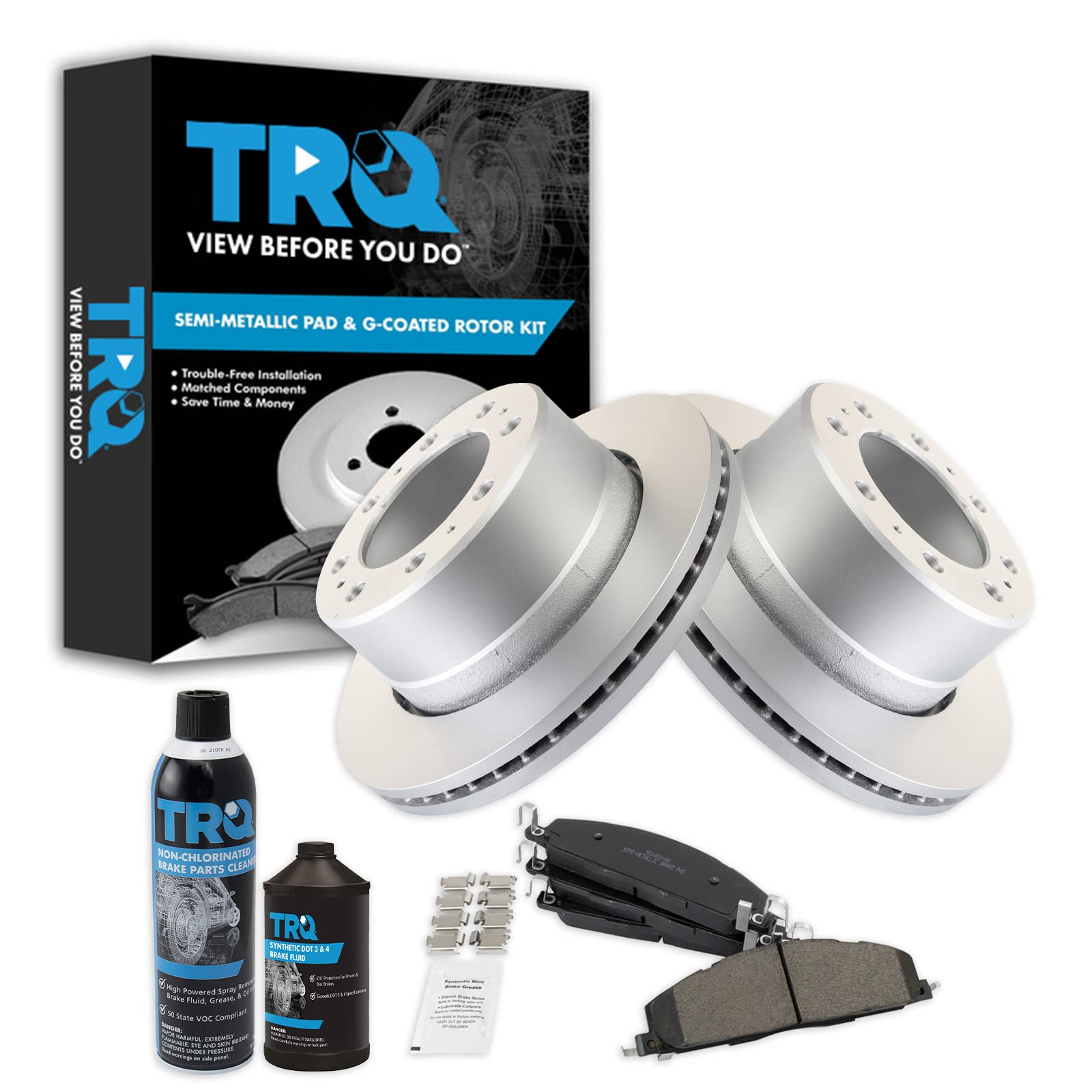 TRQ Rear Brake Pad &amp; Rotor Kit, with Chemical Kit Semi-Metallic Premium G-Coated Compatible with 2009-2010 Dodge Ram 2500, 3500 2012 Ram 1500 2011-2018 2500 3500