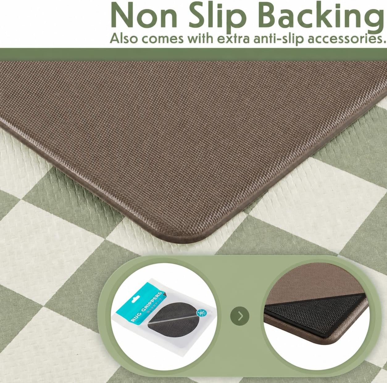 Ohocut Checkered Kitchen Mats for Floor Set of 2, 2 Pcs Sage Green Cushioned Non Slip Runner Rugs for Kitchen/Sink/Laundry, Comfort Aesthetic Cute Anti-Fatigue Foam Floor Mat 17.3"x29.5"+17.3"x47.2"