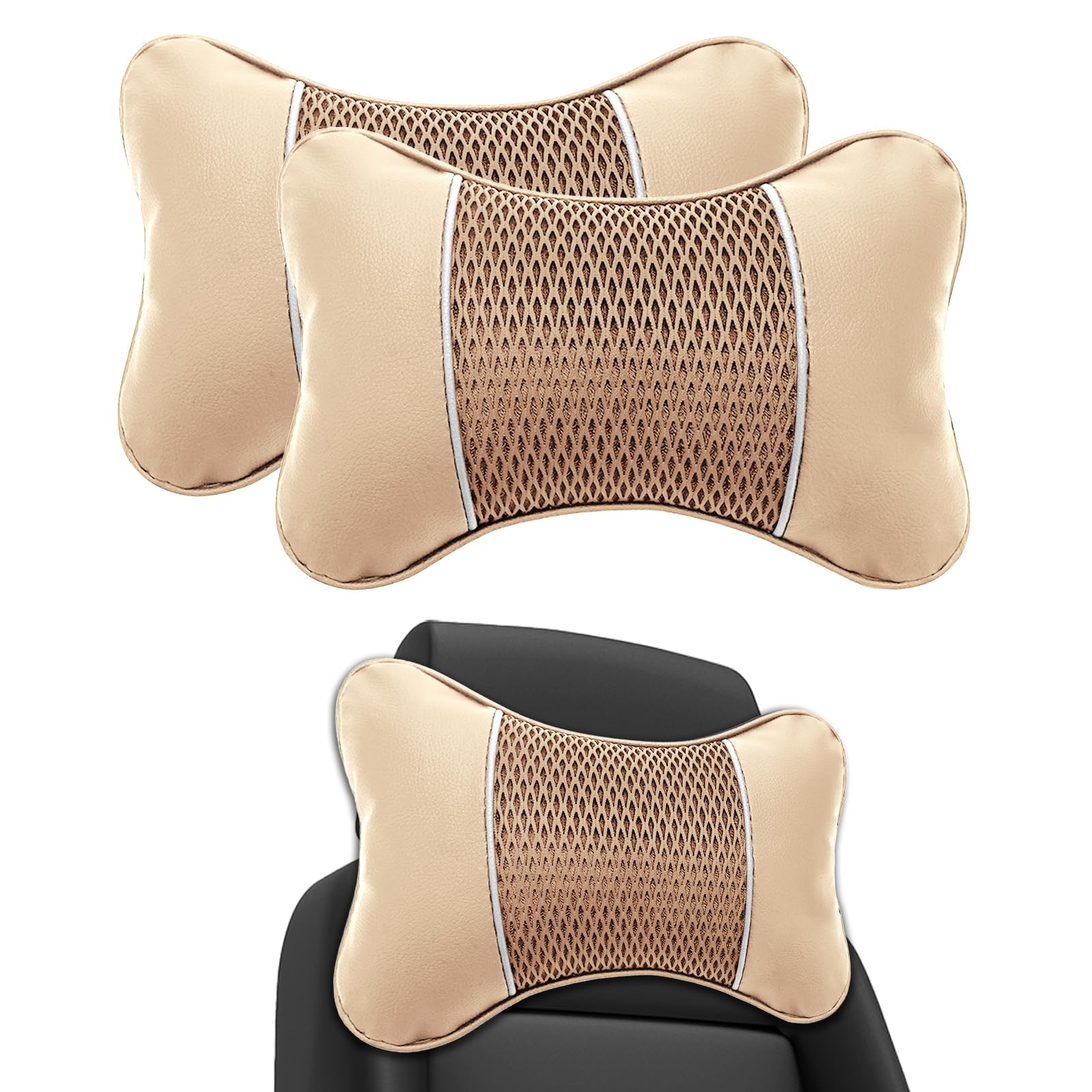 R-timer 2 Pieces Car Headrest for Seat Ateca FR Facelift/Cupra Ateca 2017-2024, Car Neck Support Pillow Neck Pillow Head Rest Cushion Seat Neck Support,Beige