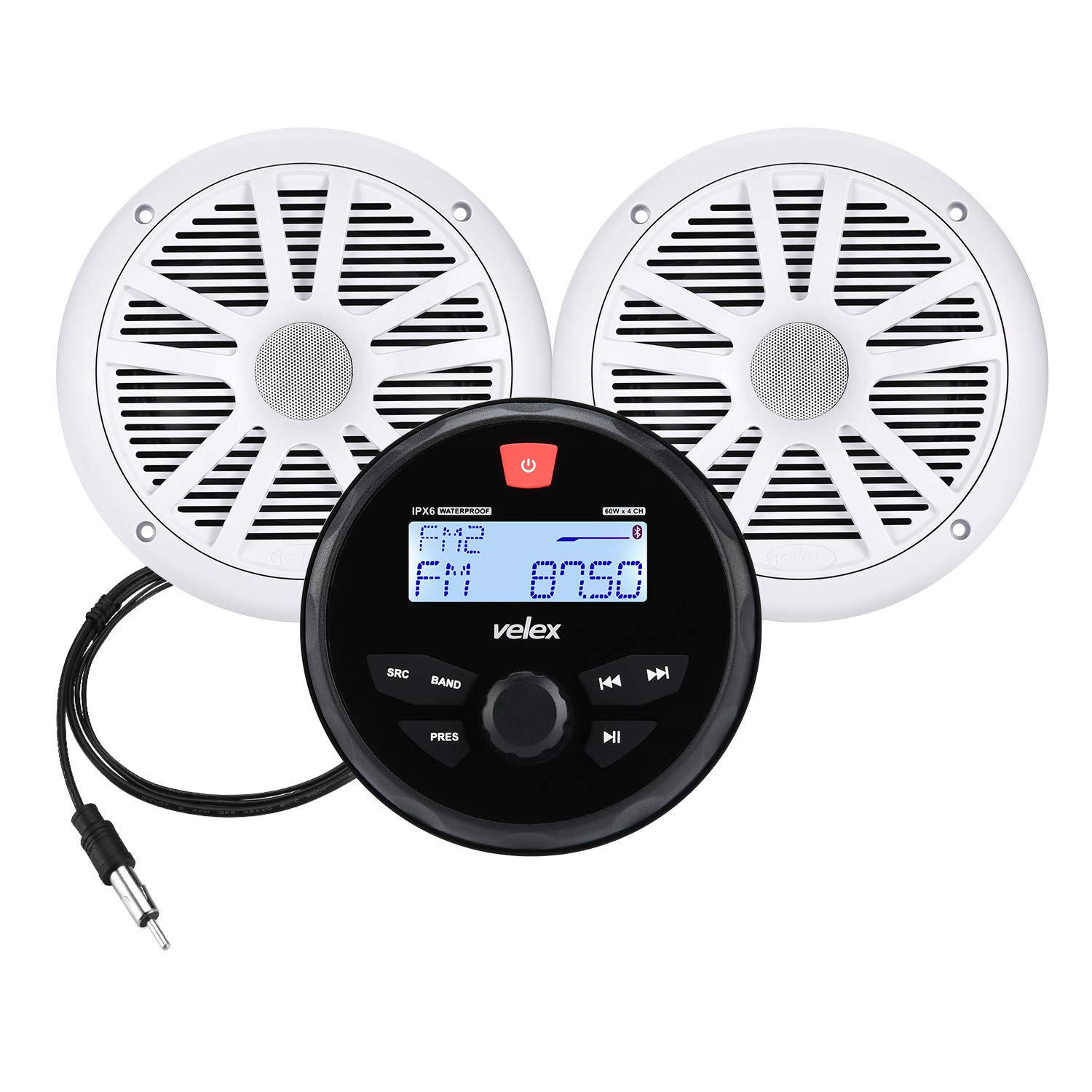 velexMarine Audio System Stereo Speaker Package, Bluetooth, MP3 USB AM FM  Marine Stereo x Inch White Speakers, Antenna
