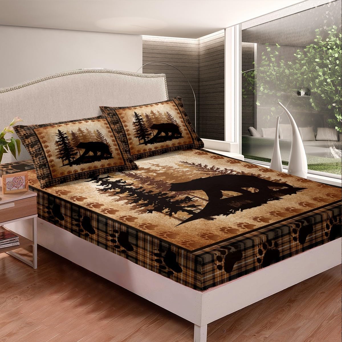 Castle Fairy Bear Print Full Size Fitted Sheet,Wild Animal Hunt Pine Trees Retro,Soft Fabric Bedding Deep Pocket,Rustic Grid Plaid Cabin Decor Bed Mattress Cover Decor, 2 Pillowcases