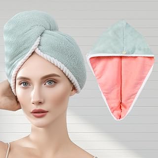 Hair Drying Towel with Button Microfiber Hair Wrap Head Turban for Post Shower Routine Double Layer Shower Cap Plush(Pink Green)