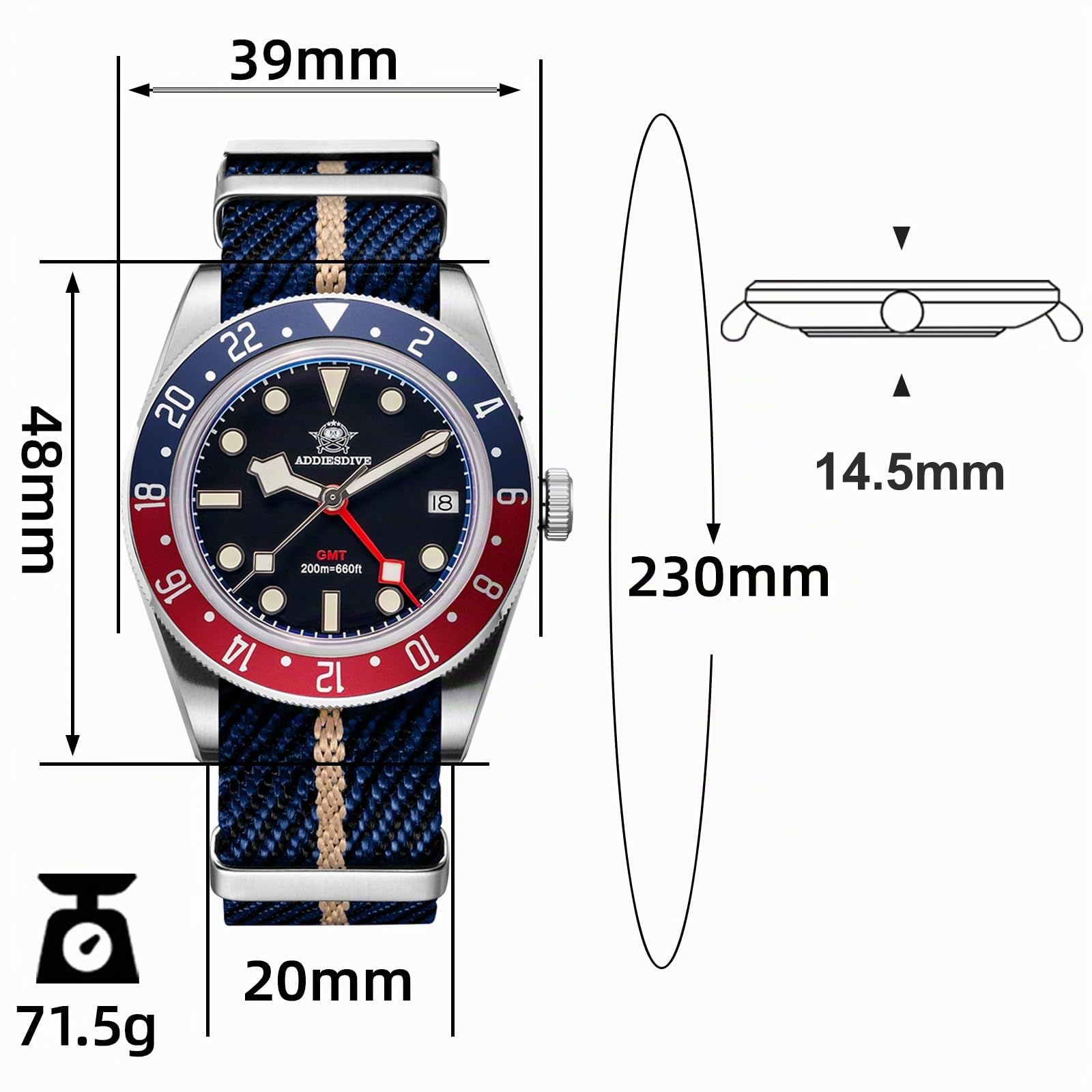 ADDIESDIVE GMT 24H Herren-Armbanduhr Analog Quarz Edelstahl 200m leuchtende Uhr