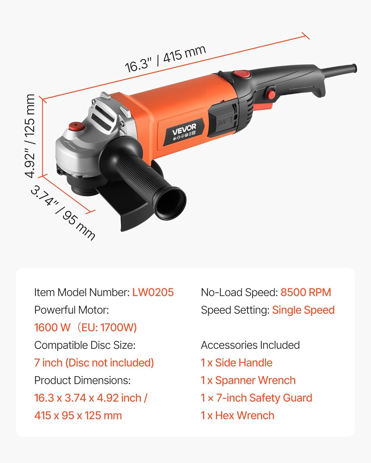 VEVOR Angle Grinder, 7" Electric Grinder Power Tool, 13Amps 8500RPM High-Speed Corded Angle Grinders with 270° Adjustable Dust Guard for Metal Grinding, Cutting, Rust Removal (Disc Not Included)