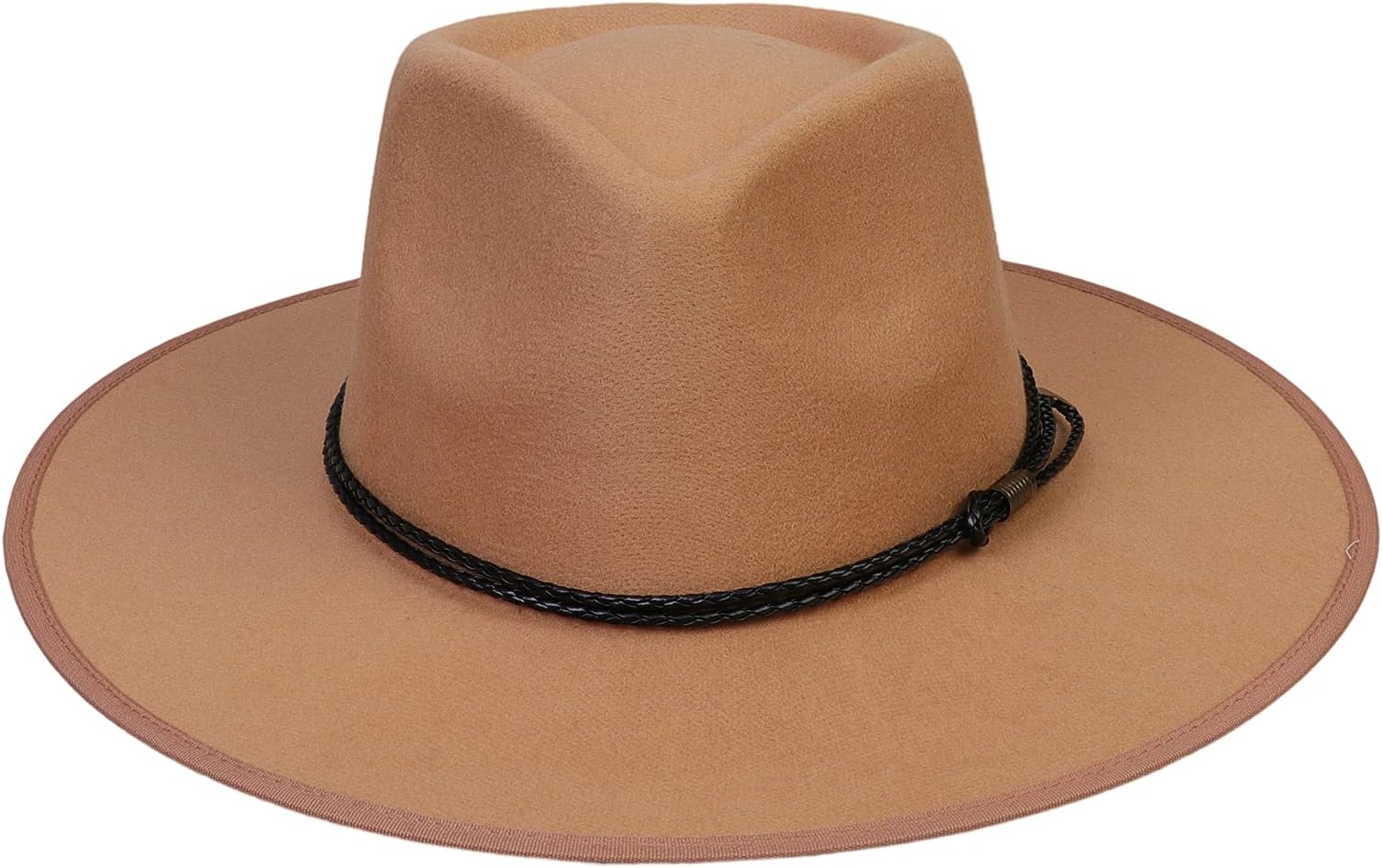 Wide Brim Fedora Hat - Wool Felt Panama Cap - One Size Unisex Women Men - Black Braided Leather Band