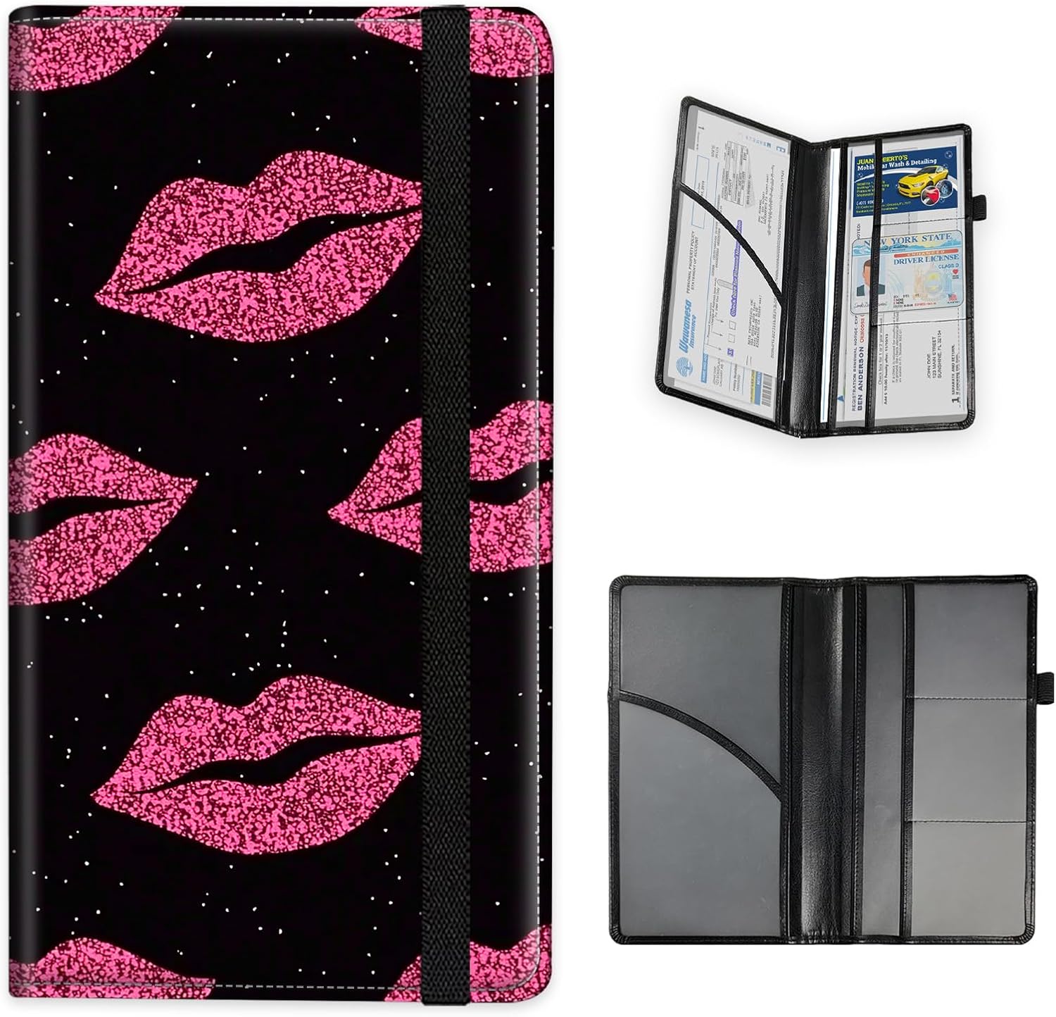 Car Registration and Insurance Card Holder, Document Holder Organizer, Essential Vehicle Glove Box Organizer Leather Wallet for Driver, Car Accessories for Women Men, Bling Pink Lips