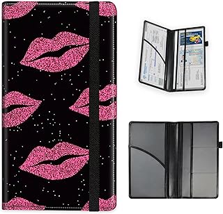 Car Registration and Insurance Card Holder, Document Holder Organizer, Essential Vehicle Glove Box Organizer Leather Wallet for Driver, Car Accessories for Women Men, Bling Pink Lips