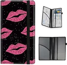 Car Registration and Insurance Card Holder, Document Holder Organizer, Essential Vehicle Glove Box Organizer Leather Wallet for Driver, Car Accessories for Women Men, Bling Pink Lips