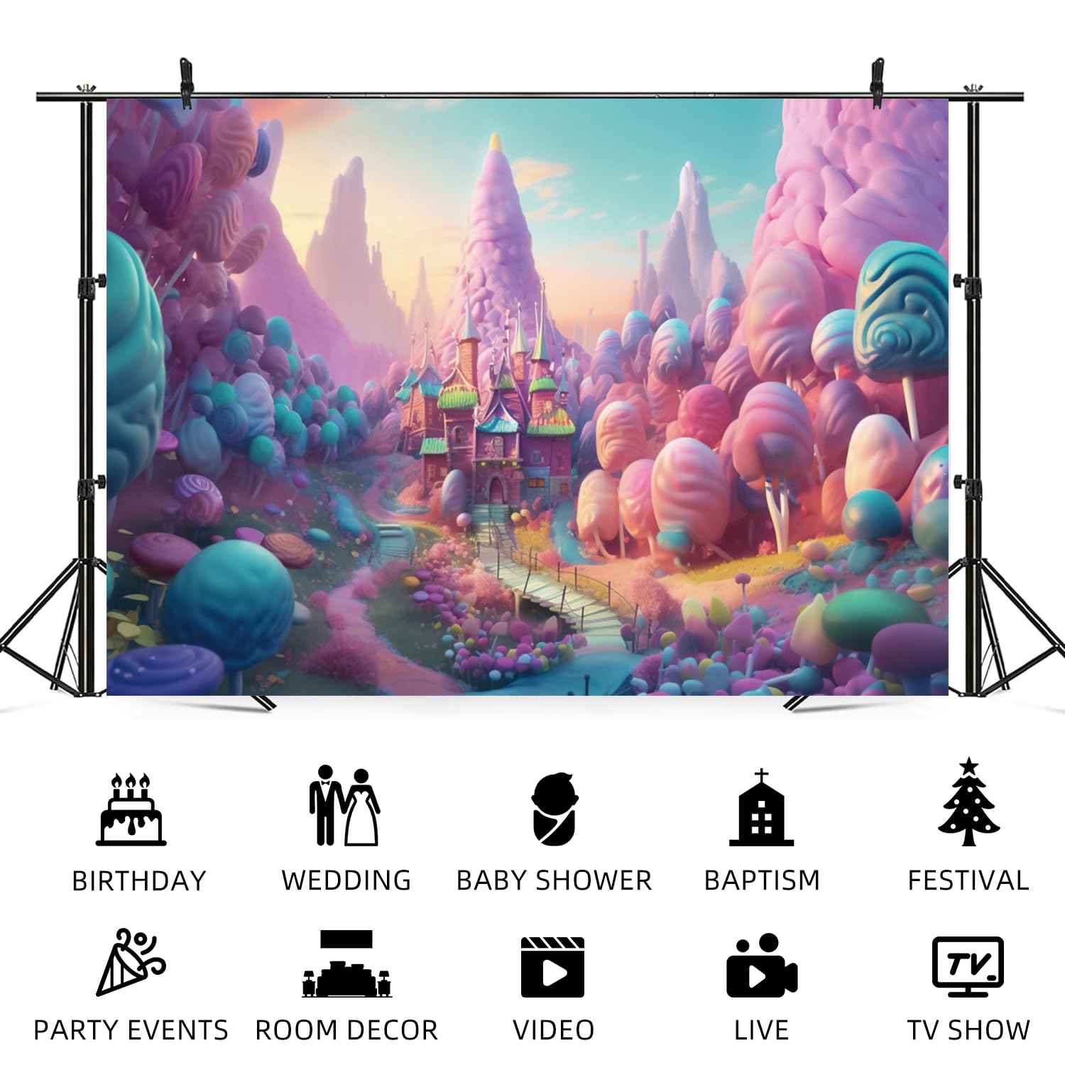 Candyland Fondale Fantasy Candy Castle Fotografia Sfondo Dolce Lollipop Sogno Cielo Blu Cartone Animato Bambini Compleanno Banner Decorazioni Baby Shower Neonato Ritratto Photo Booth Prop