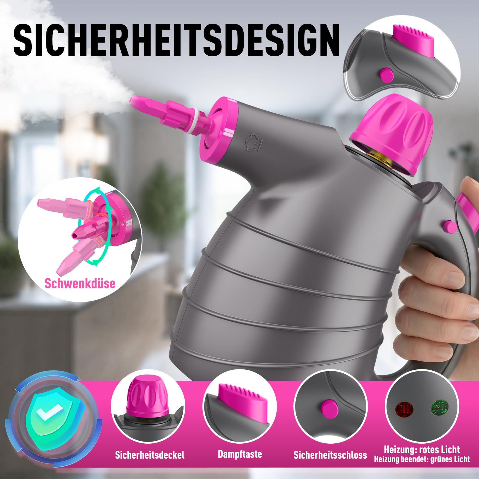 Limpiador a Vapor Portátil 1050W, Vaporeta de Mano con 10 Accesorios, Sin Químicos, 3,5 Bar, 450ML, Vaporeta Limpieza Hogar para Sofa, Tapicerias, Baño, Cristales, Coche, Grasa, Suciedad