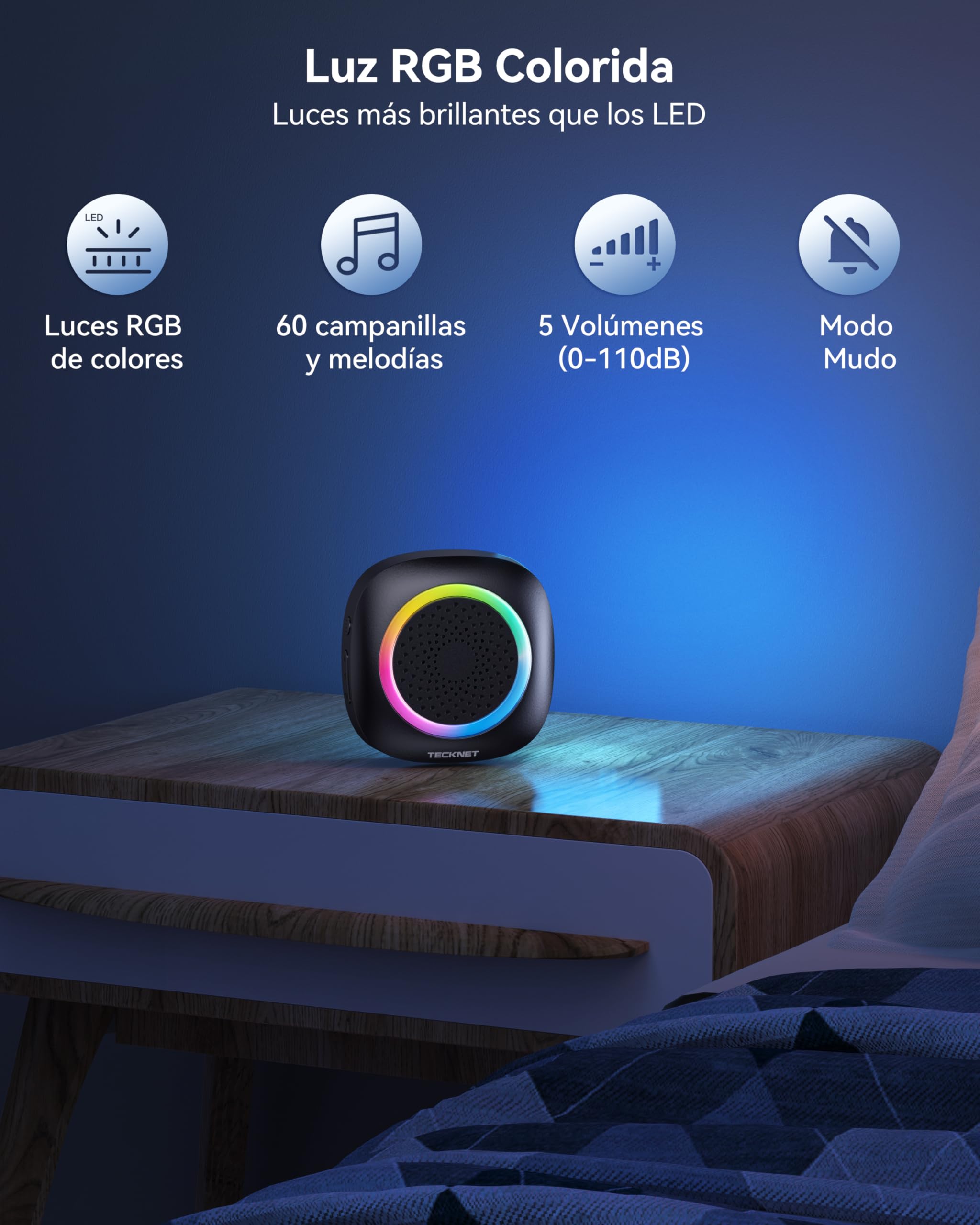 TECKNET Timbre Inalambrico Exterior, RGB Timbre Inalámbrico Exterior Impermeable IP66 con 2 Receptores, 400M Alcance, 5 Niveles de Volumen y 60 Melodías, Doorbell al Estilo de la Batería, Portátil