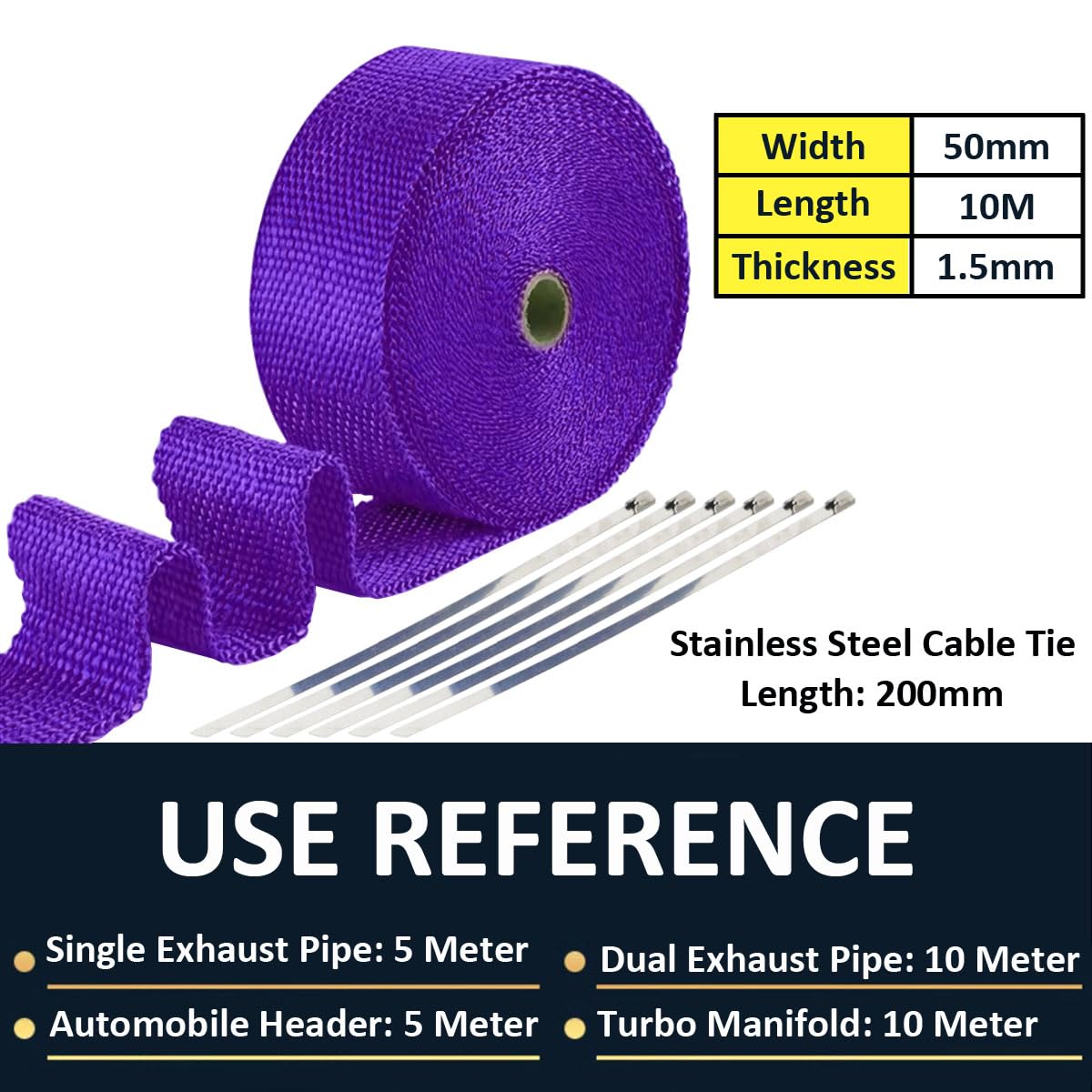Cinta Anticalorica Para Escapes Cinta Aislante Térmica Coche Fibra de Vidrio Banda Aislante Anti Calor Protección Tubo Colector Escape Morado 5CM X 10M con 6 Bridas