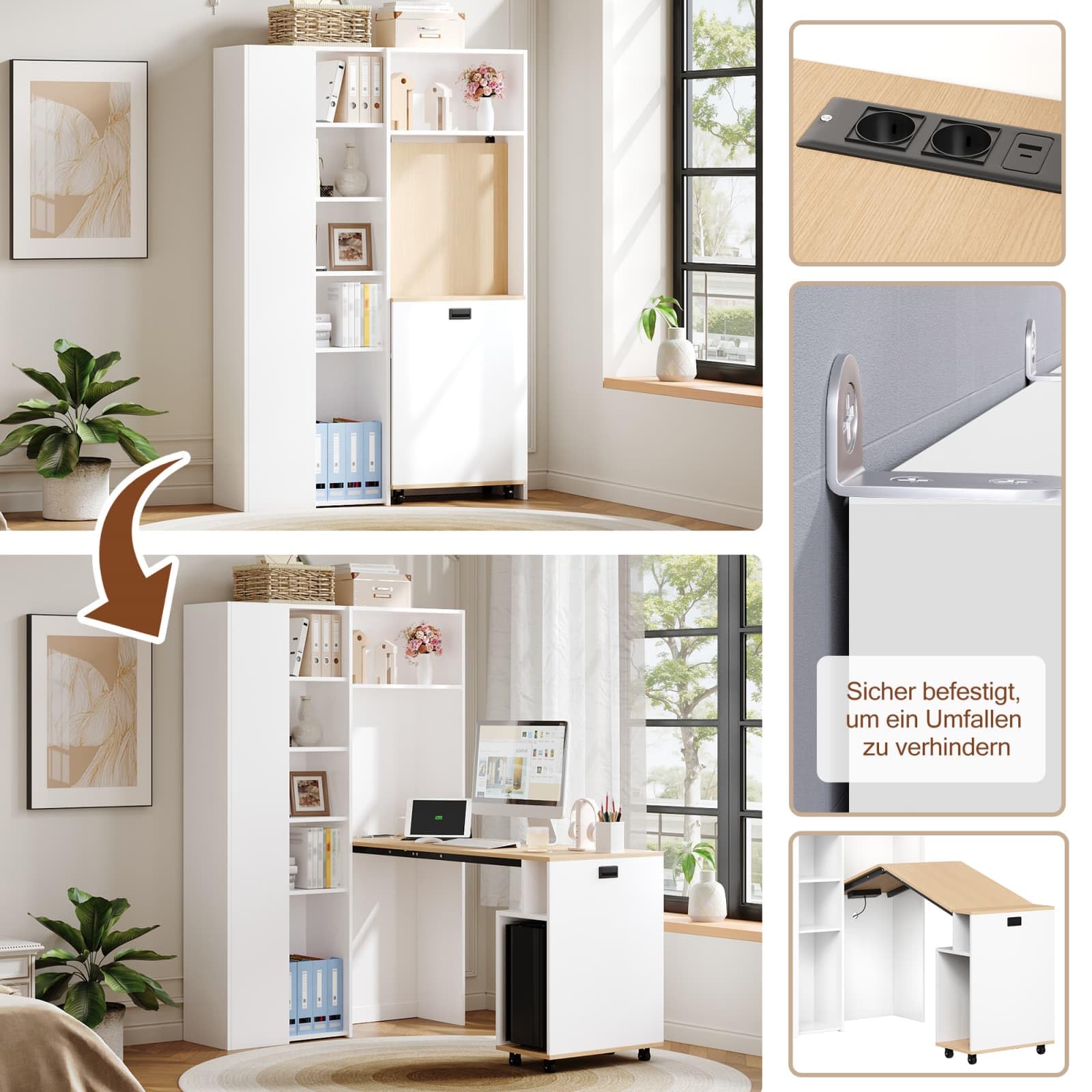 KOMHTOM Escritorio Plegable con Estantería Integrada a la Izquierda Mesa Ordenador Ahorro de Espacio con Enchufe y Puertos USB Blanco (Blanco Brillo - Estantería a la Izquierda)