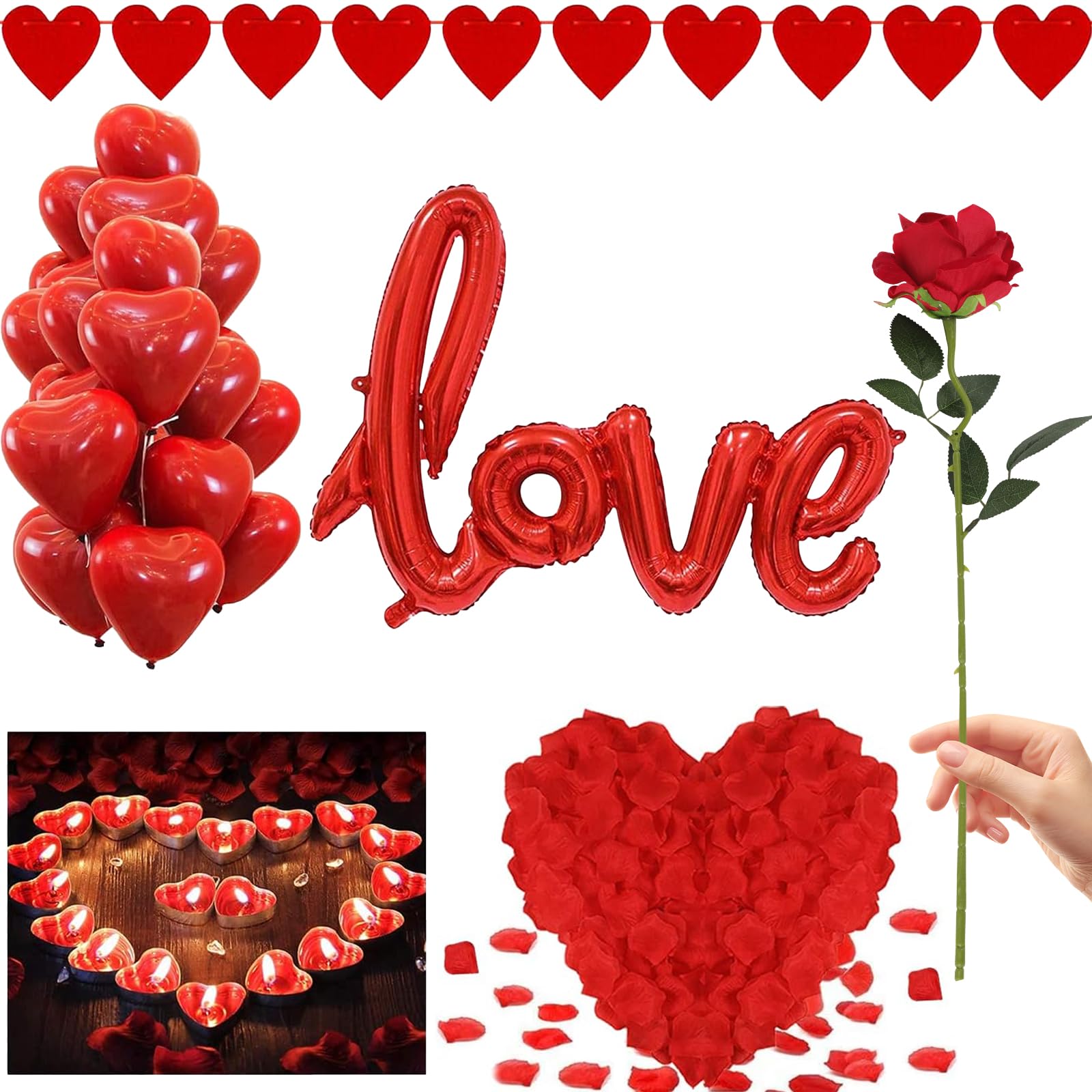 Larber Valentines Day Decoration 1000 Red Rose Petals 50 Heart Candle 20 Heart Balloons LOVE Balloon for Anniversary Wedding Birthday Party Decor Romantic Decorations Special Night for Him Her
