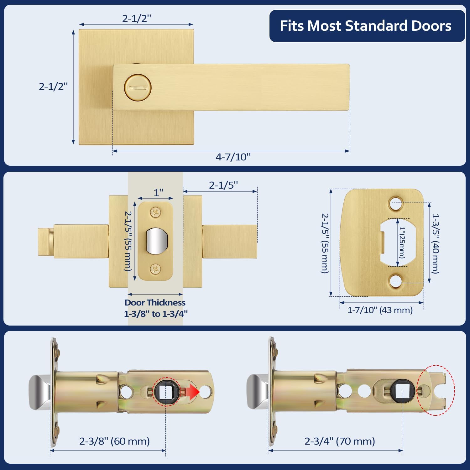 5 Pack Brass Door Handle, Privacy Door Knobs Interior with Lock, Keyless Bathroom/Bedroom Door Knobs, Reversible Door Lever for Left or Right Hand Doors, Modern Square Design