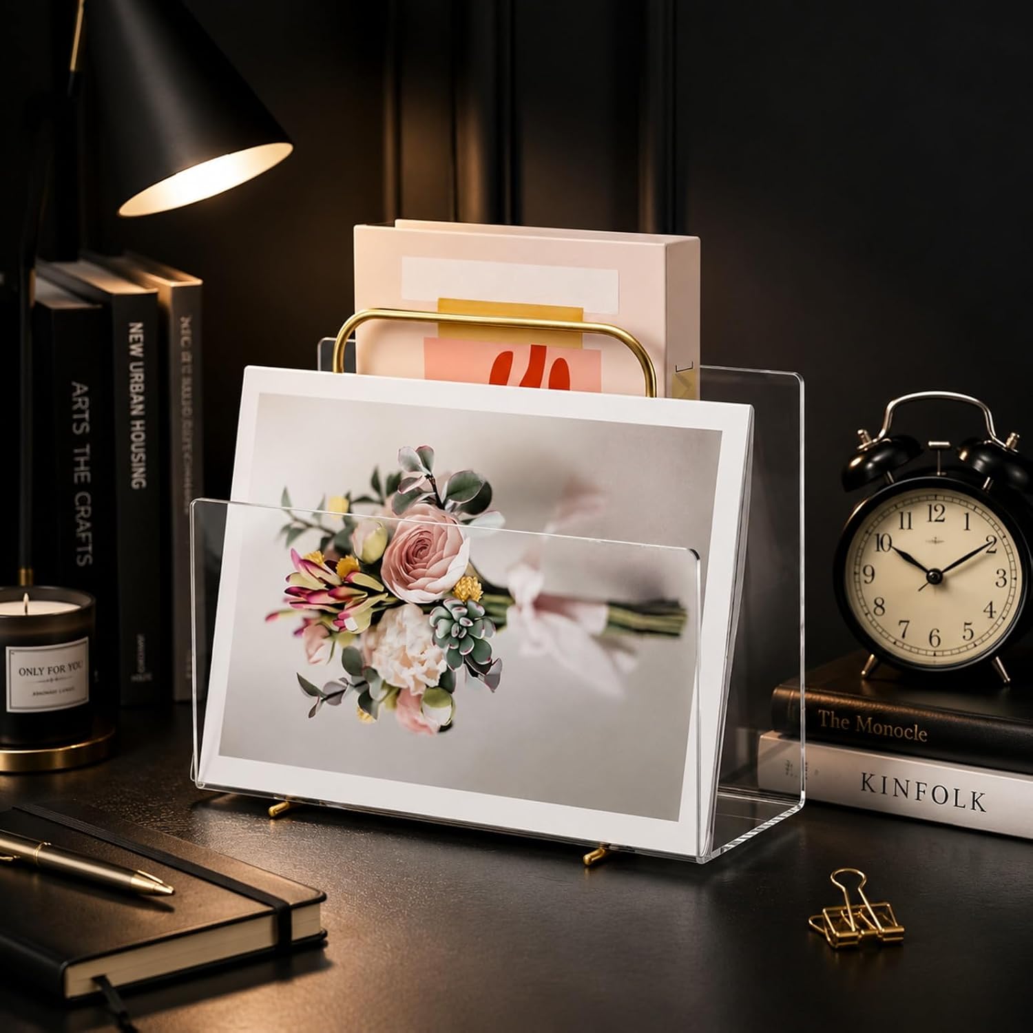 SiliFine 1 Pcs Acrylic Book Holder Stand with Metal Frame Clear Acrylic Magazine Book Metal Rack Magazine File Holder for Desktop Office Home