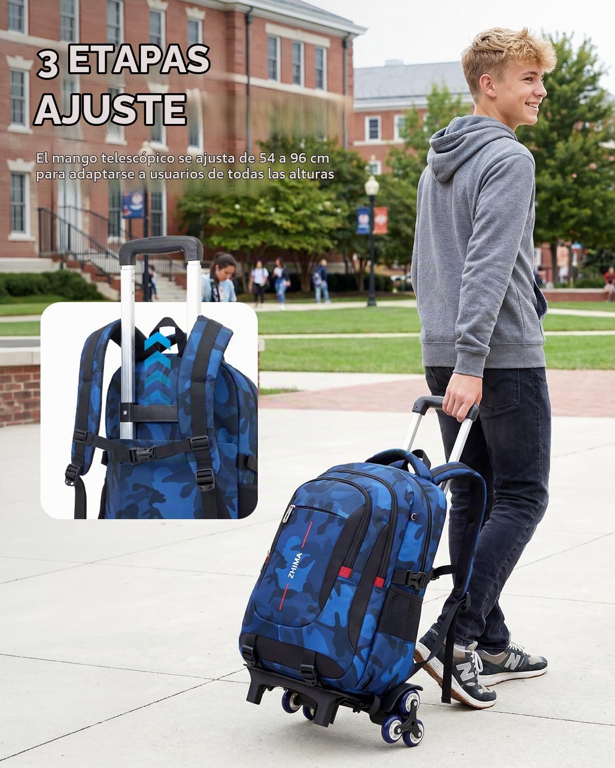Mochila con Ruedas para Adolescentes Chicos, Mochilas Escolares con Carrito Desmontable, Mochilas de Camuflaje de Moda para Instituto Mochila Casual para Viajes, Azul