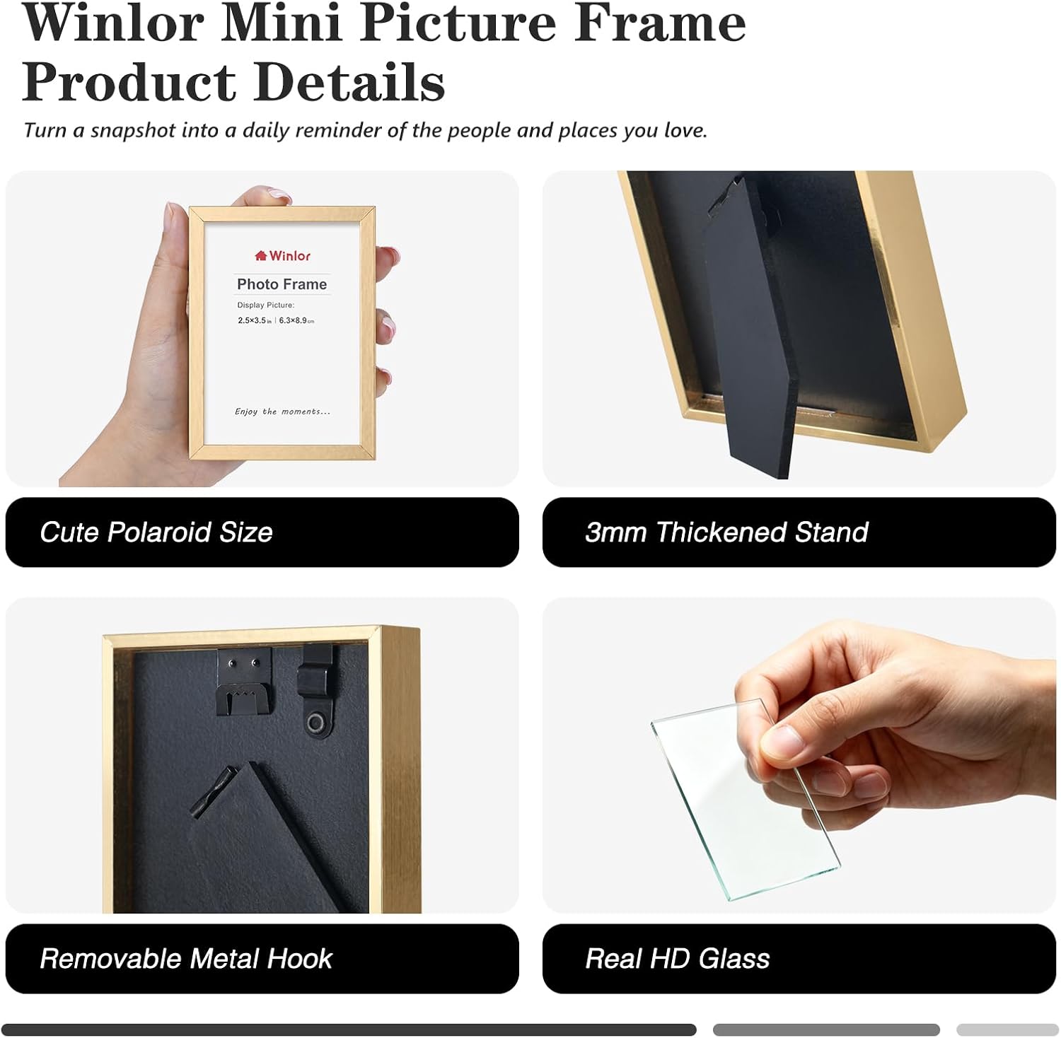 2.5x3.5 Picture Frames 6 Pack, Real Glass Wallet Size Mini Photo Frame for Desk Tabletop or Wall Hanging, Small Polaroid Instax Film Display, Nursery Room Aesthetics Office Decor, Gold image 4