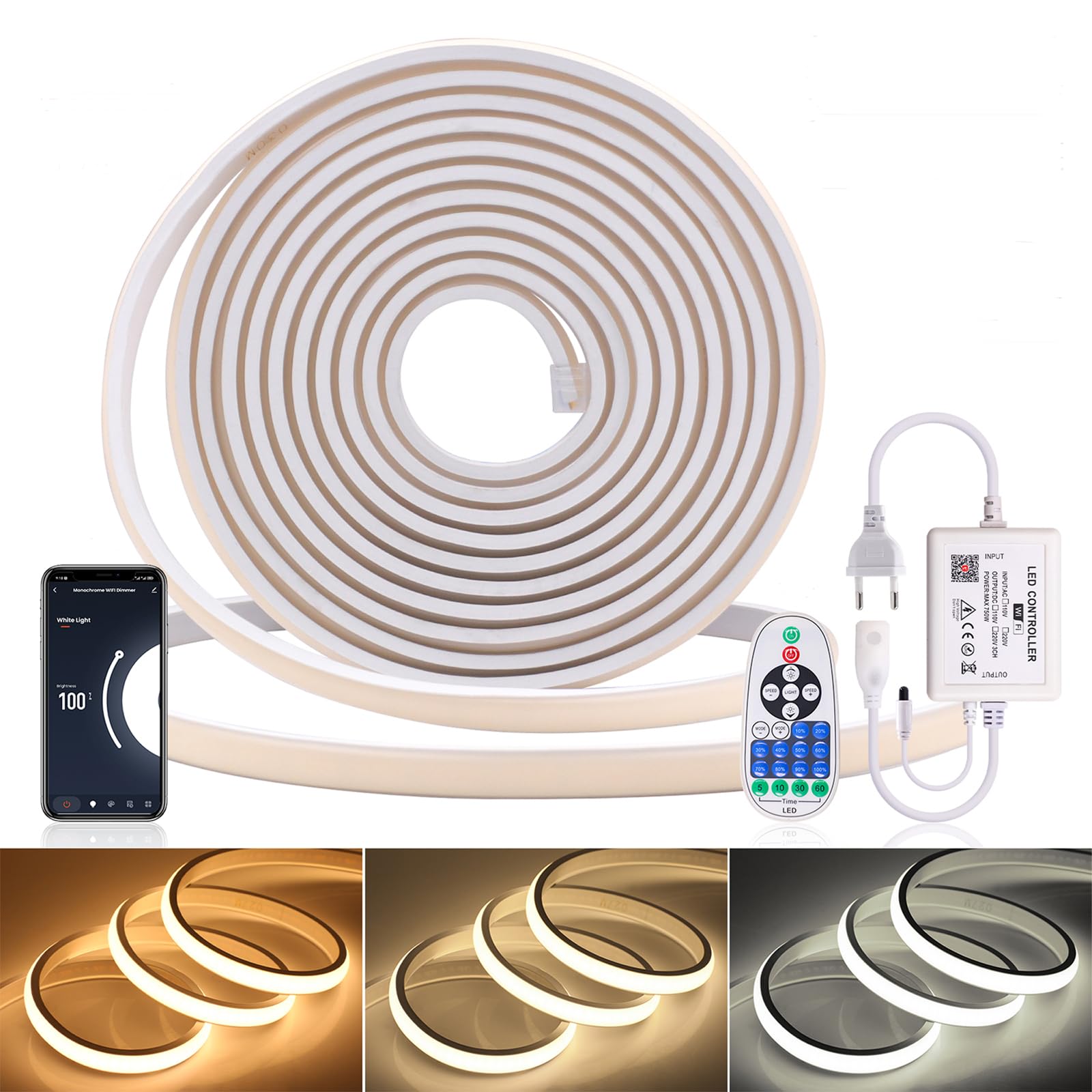 KISUFU Tira de LED COB 220V con WIFI 23 Key IR 750W Dimmer, IP65 Impermeable 288 Leds/M Cada Corte de 50cm Tira LED Neón Strip Light para Dormitorio, Jardín, Techo, Decoración Exterior.