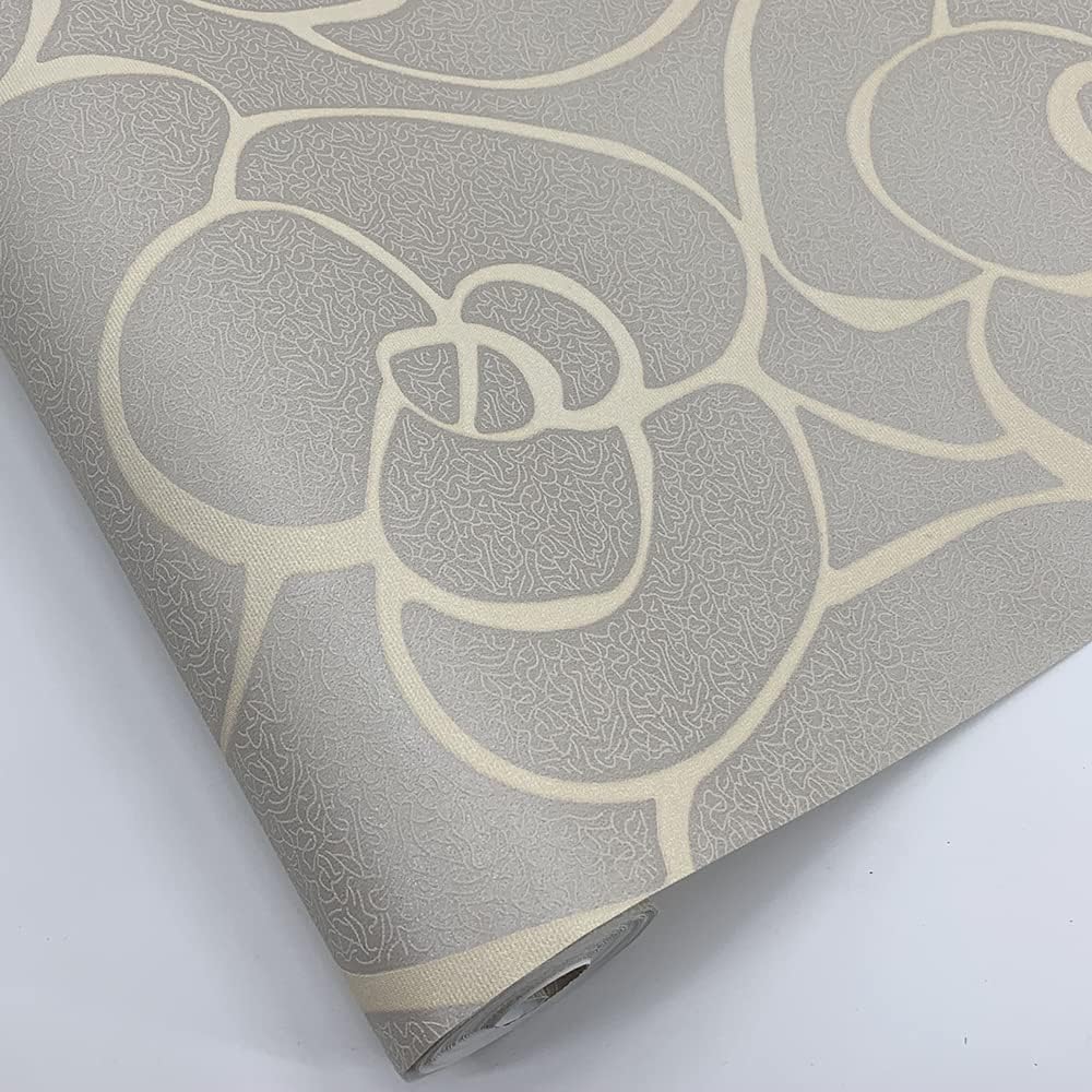 Q QIHANG Modern Minimalist Embossed 3D Rose Flower Non-Woven Non-Self Adhesive Wallpaper Cream&Gray Color 0.53m(1.738' W) x 10m(32.8' L)=5.3㎡(57 sq.ft)